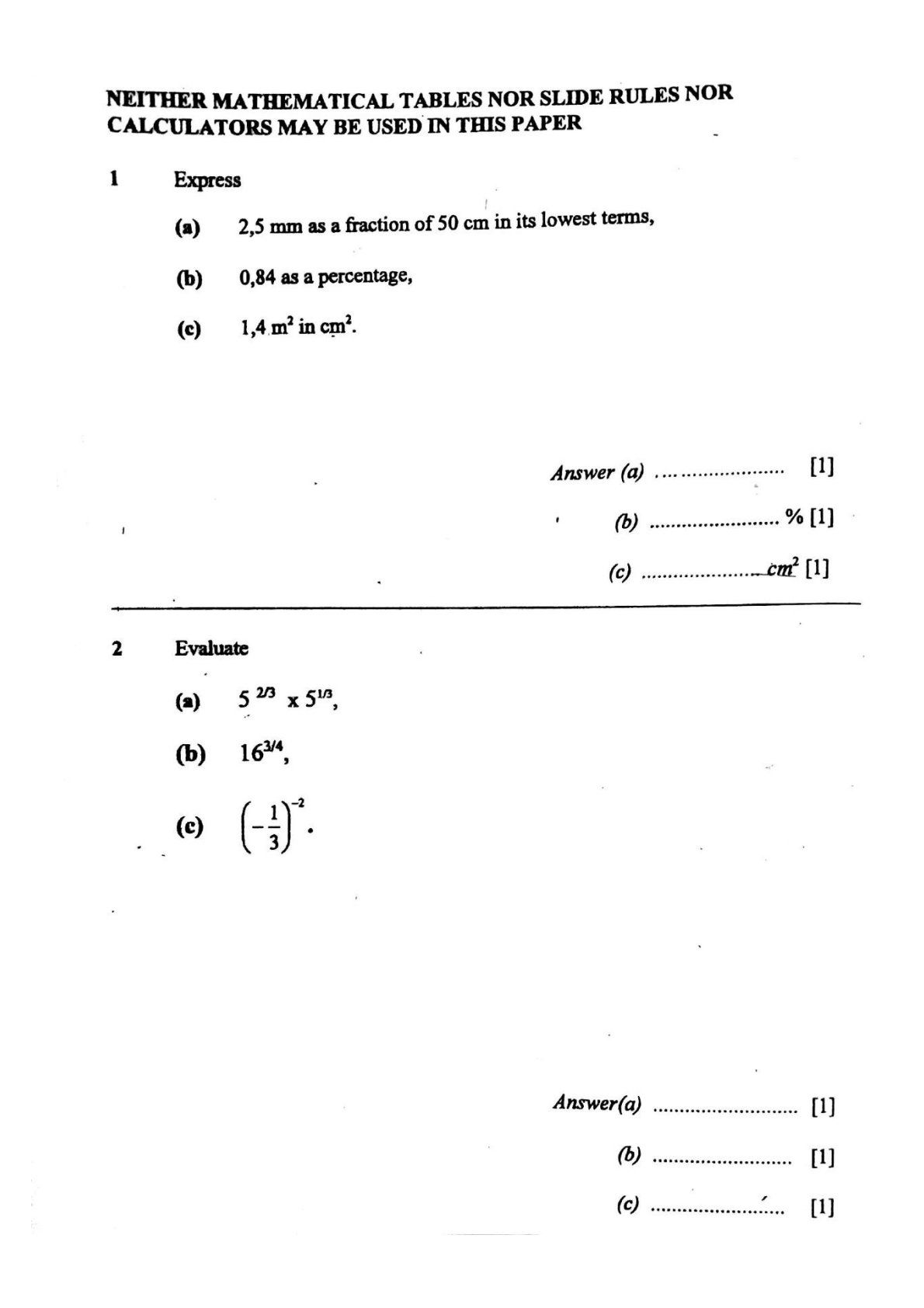 First page of ZIMSEC O-Level Mathematics Paper 1 2000 Question Paper