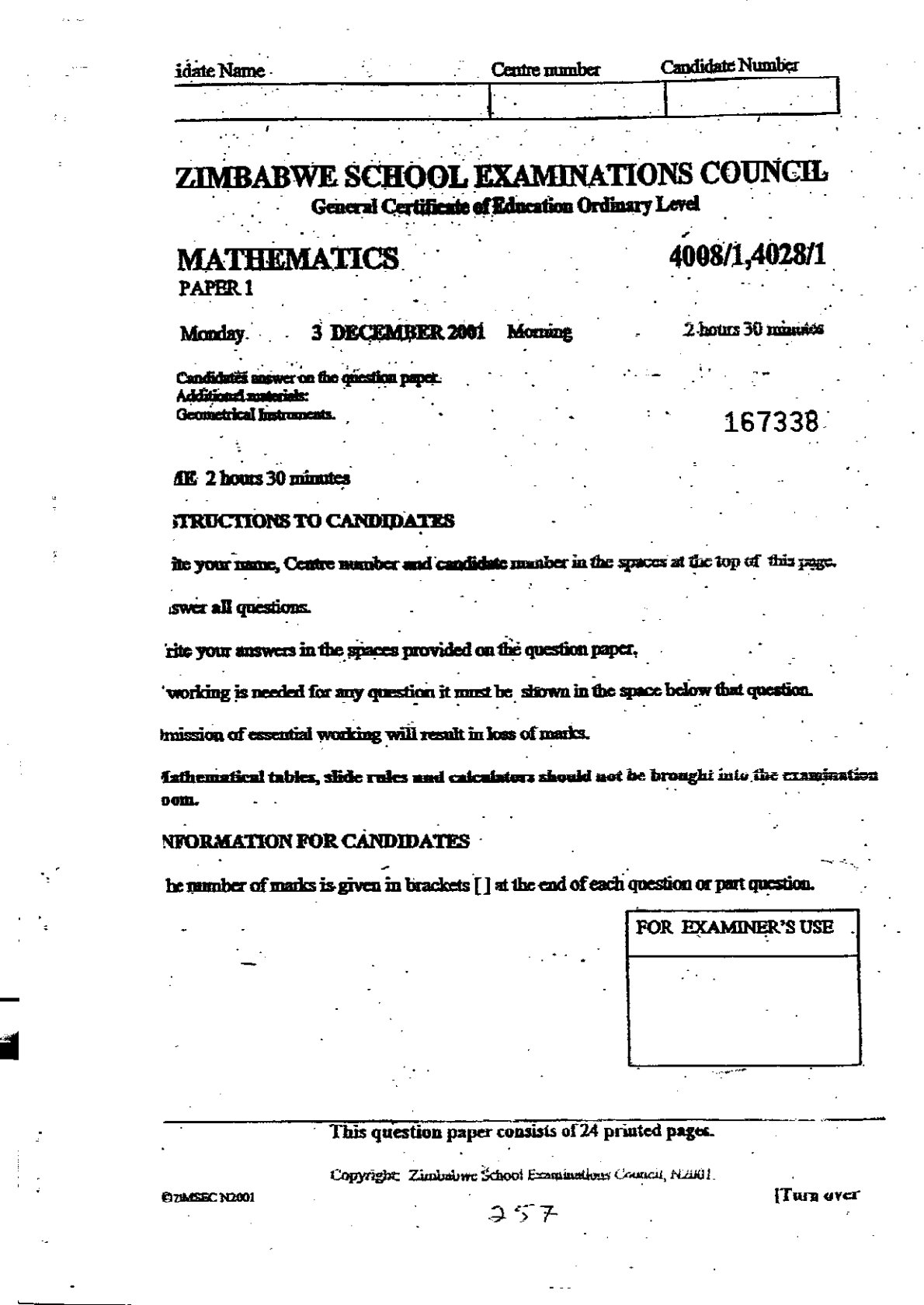 First page of ZIMSEC O-Level Mathematics Paper 1 December 2001 Question Paper