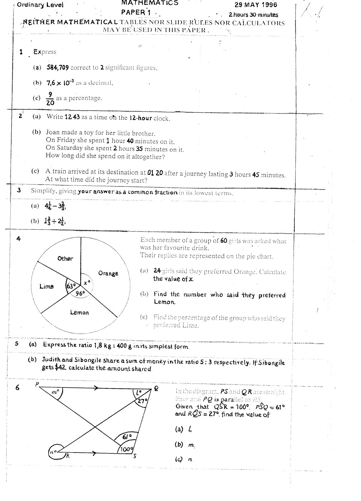 First page of ZIMSEC O-Level Mathematics Paper 1 June 1996 Question Paper