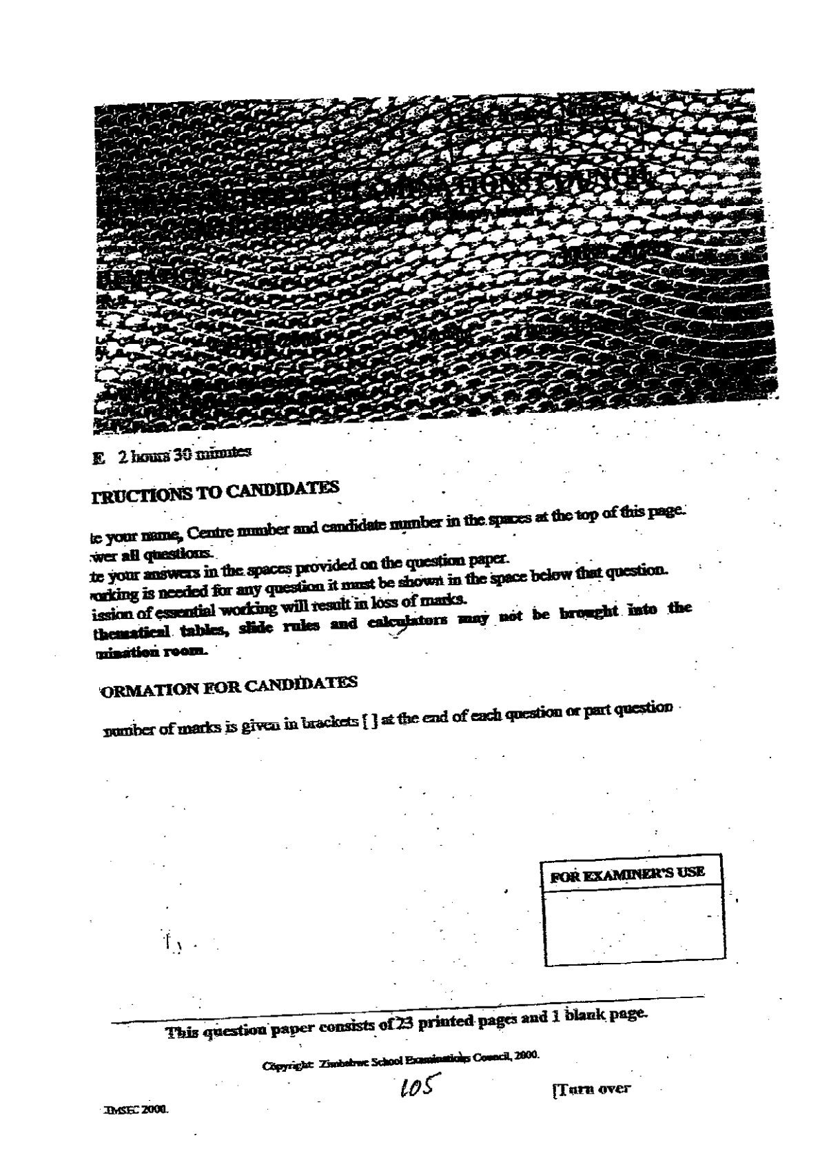 First page of ZIMSEC O-Level Mathematics Paper 1 June 2000 Question Paper