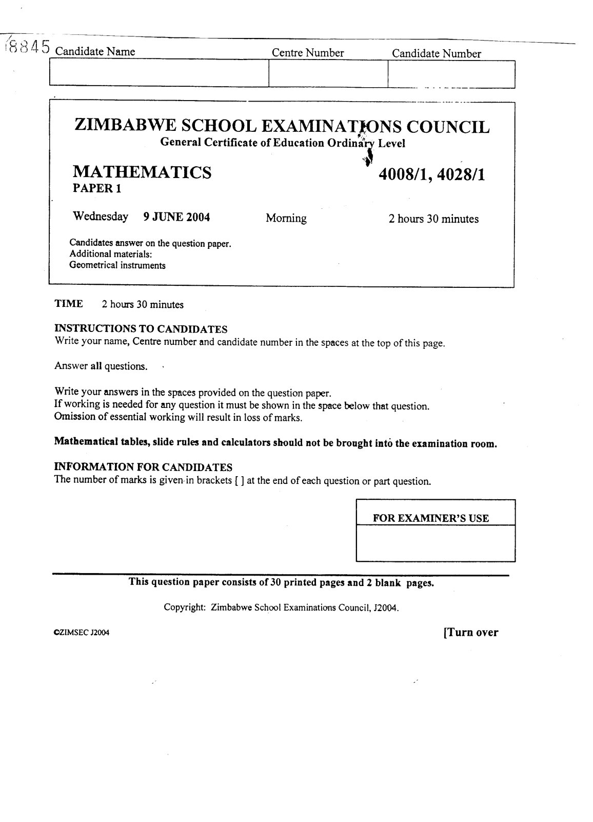 First page of ZIMSEC O-Level Mathematics Paper 1 June 2004 Question Paper