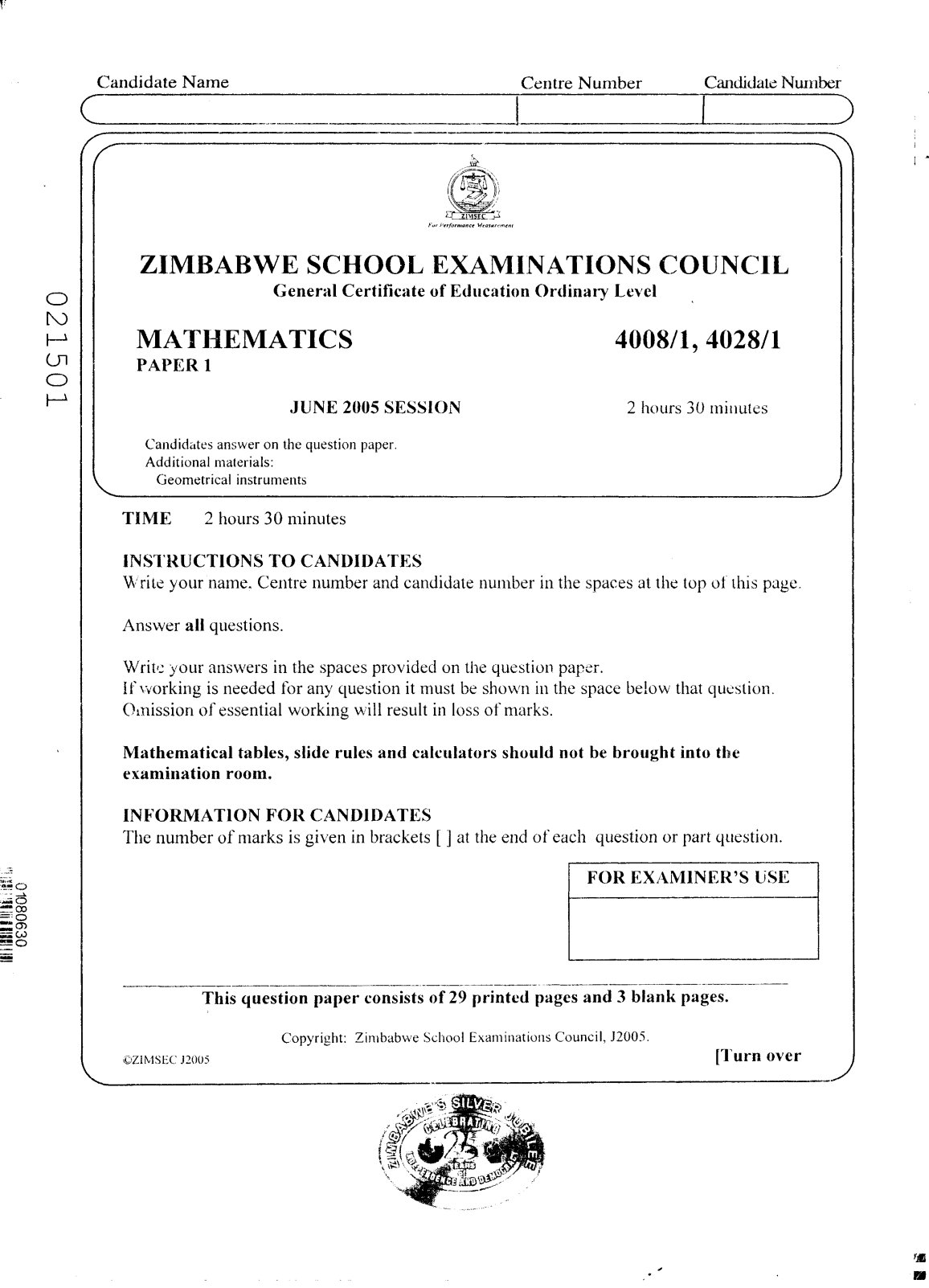 First page of ZIMSEC O-Level Mathematics Paper 1 June 2005 Question Paper