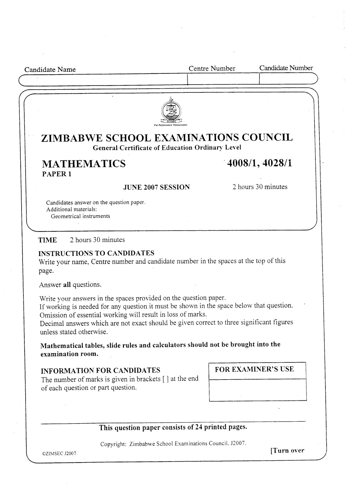 First page of ZIMSEC O-Level Mathematics Paper 1 June 2007 Question Paper