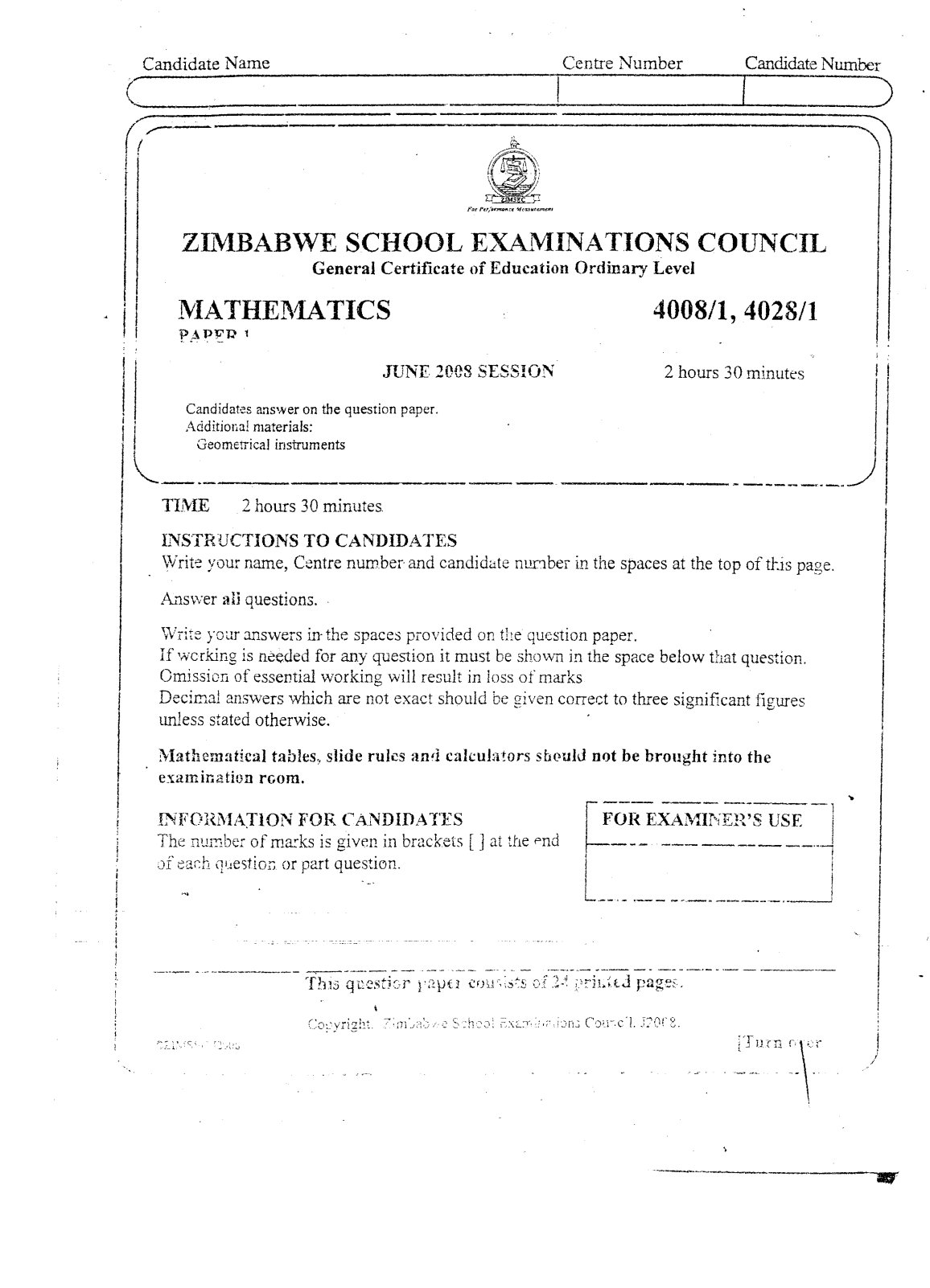 First page of ZIMSEC O-Level Mathematics Paper 1 June 2008 Question Paper