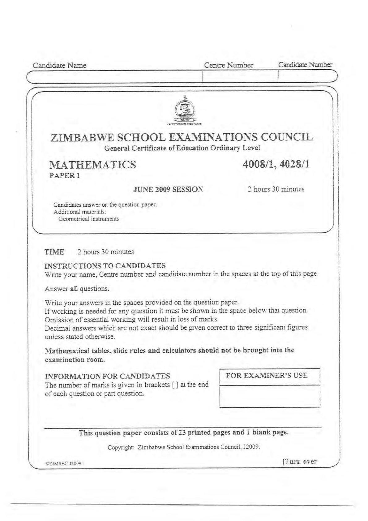 First page of ZIMSEC O-Level Mathematics Paper 1 June 2009 Question Paper