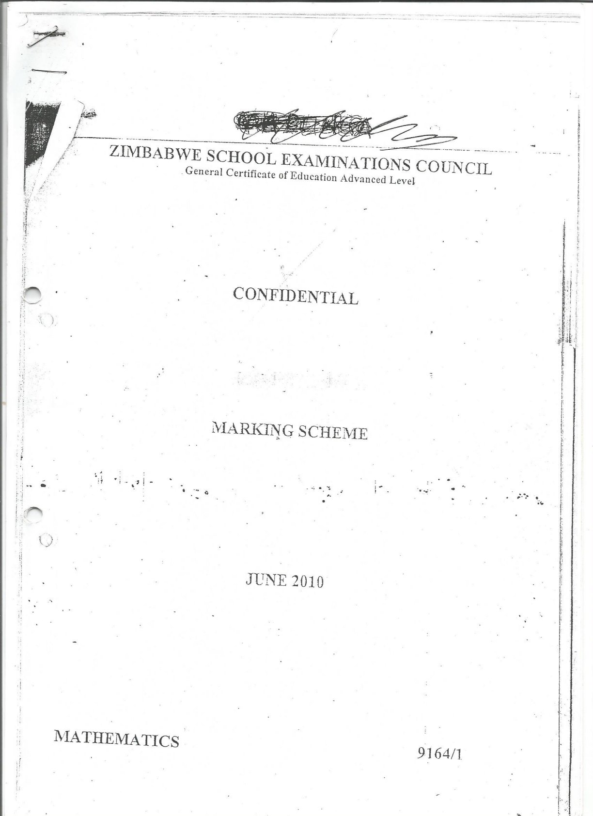 First page of ZIMSEC O-Level Mathematics Paper 1 June 2010 Marking Scheme