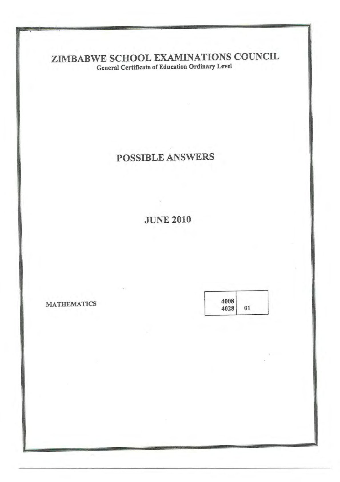 First page of ZIMSEC O-Level Mathematics Paper 1 June 2010 Marking Scheme