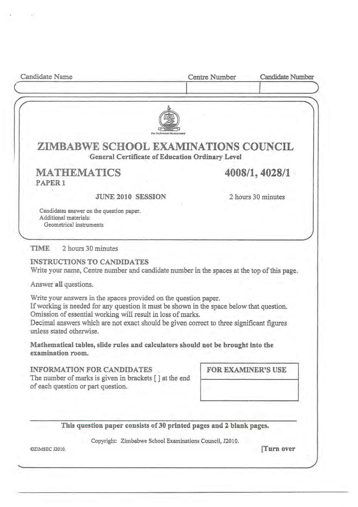 First page of ZIMSEC O-Level Mathematics Paper 1 June 2010 Question Paper