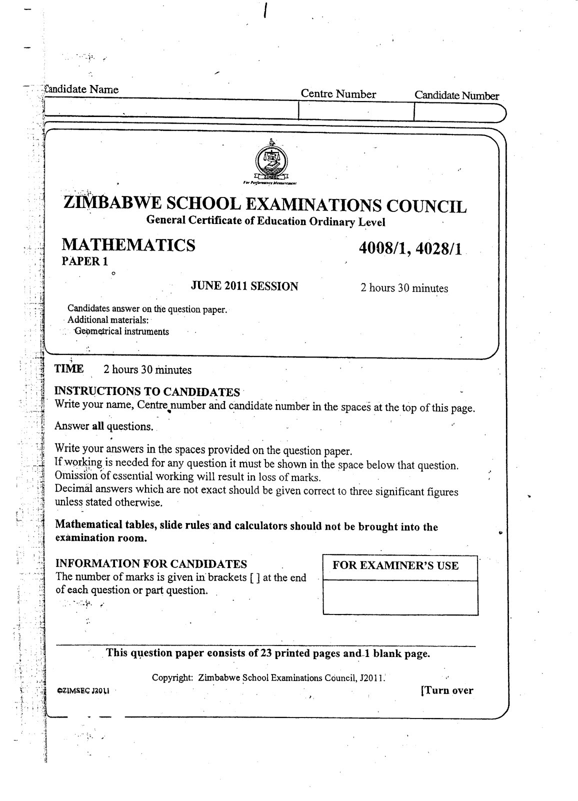 First page of ZIMSEC O-Level Mathematics Paper 1 June 2011 Question Paper