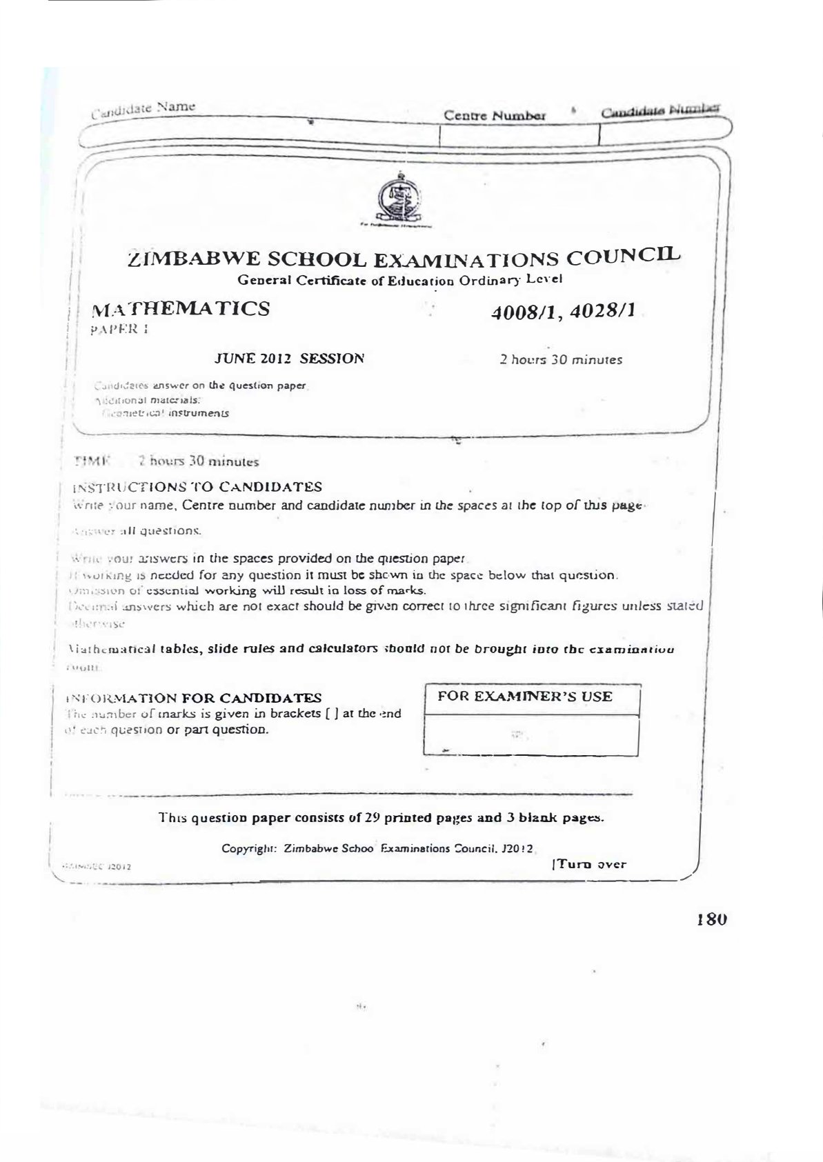 First page of ZIMSEC O-Level Mathematics Paper 1 June 2012 Question Paper