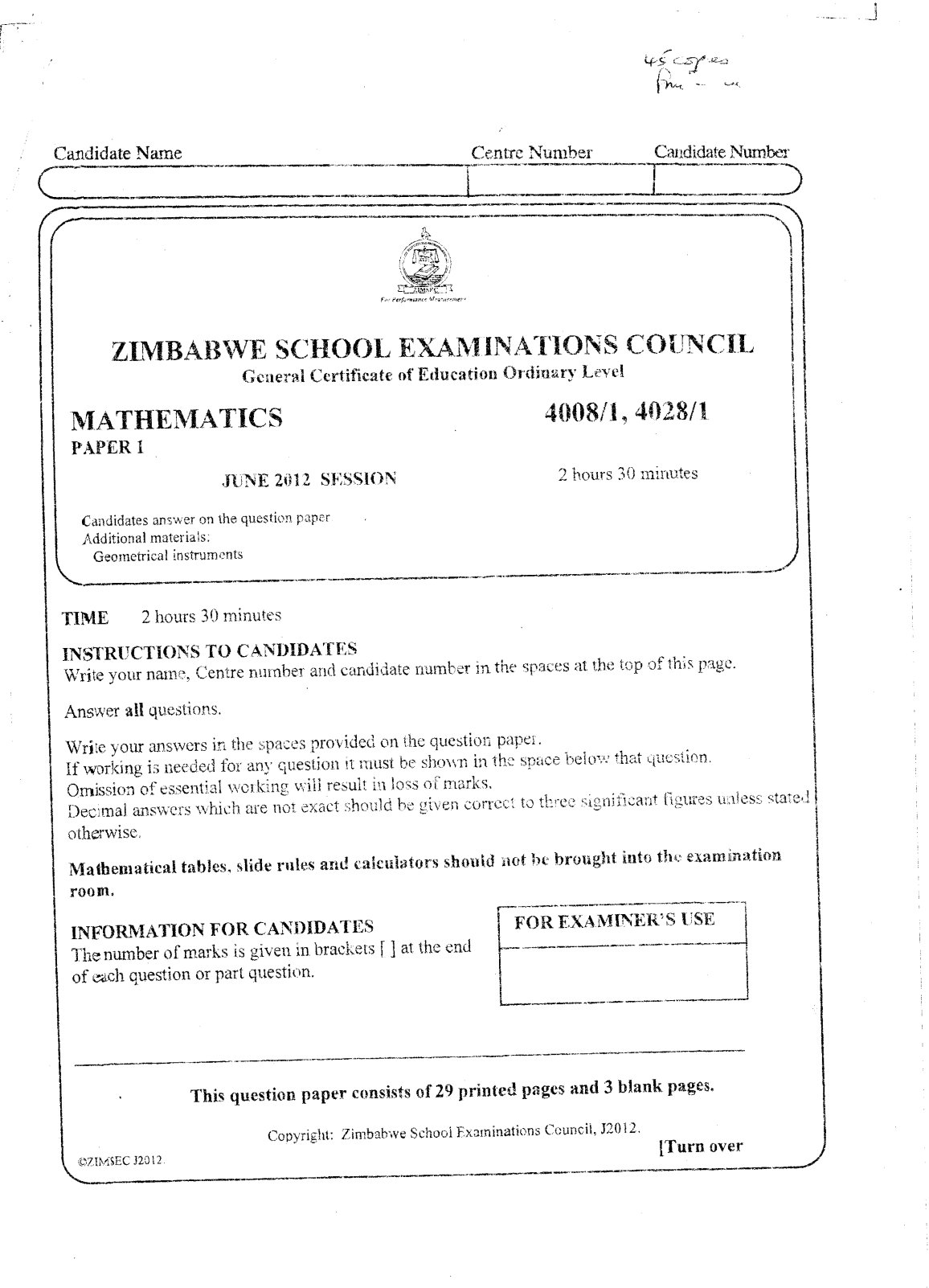 First page of ZIMSEC O-Level Mathematics Paper 1 June 2012 Question Paper