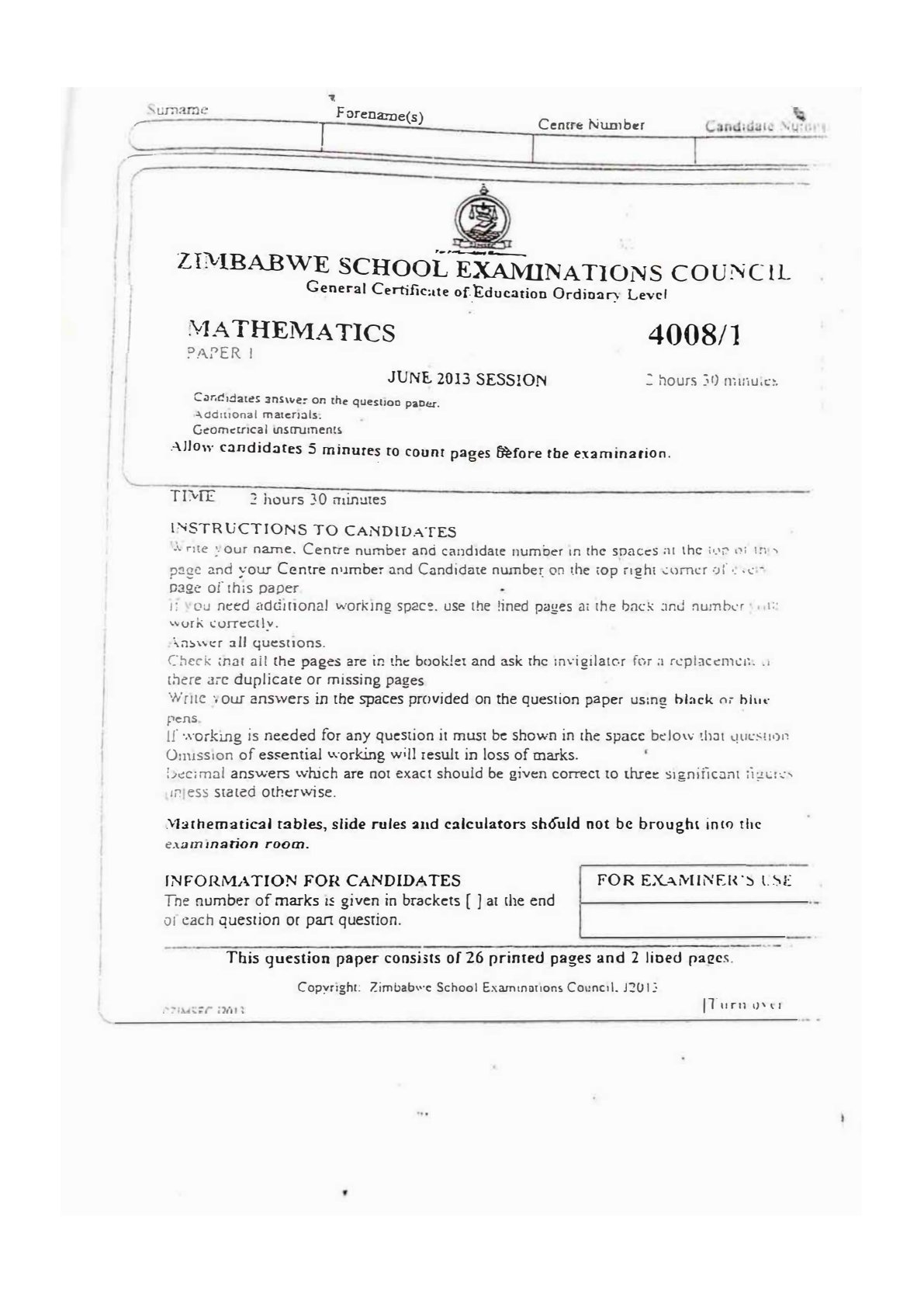 First page of ZIMSEC O-Level Mathematics Paper 1 June 2013 Question Paper