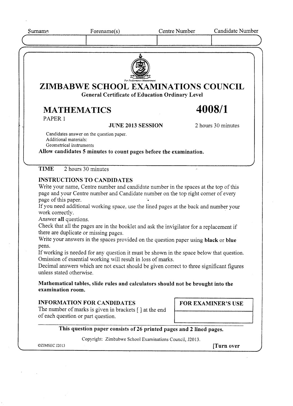 First page of ZIMSEC O-Level Mathematics Paper 1 June 2013 Question Paper