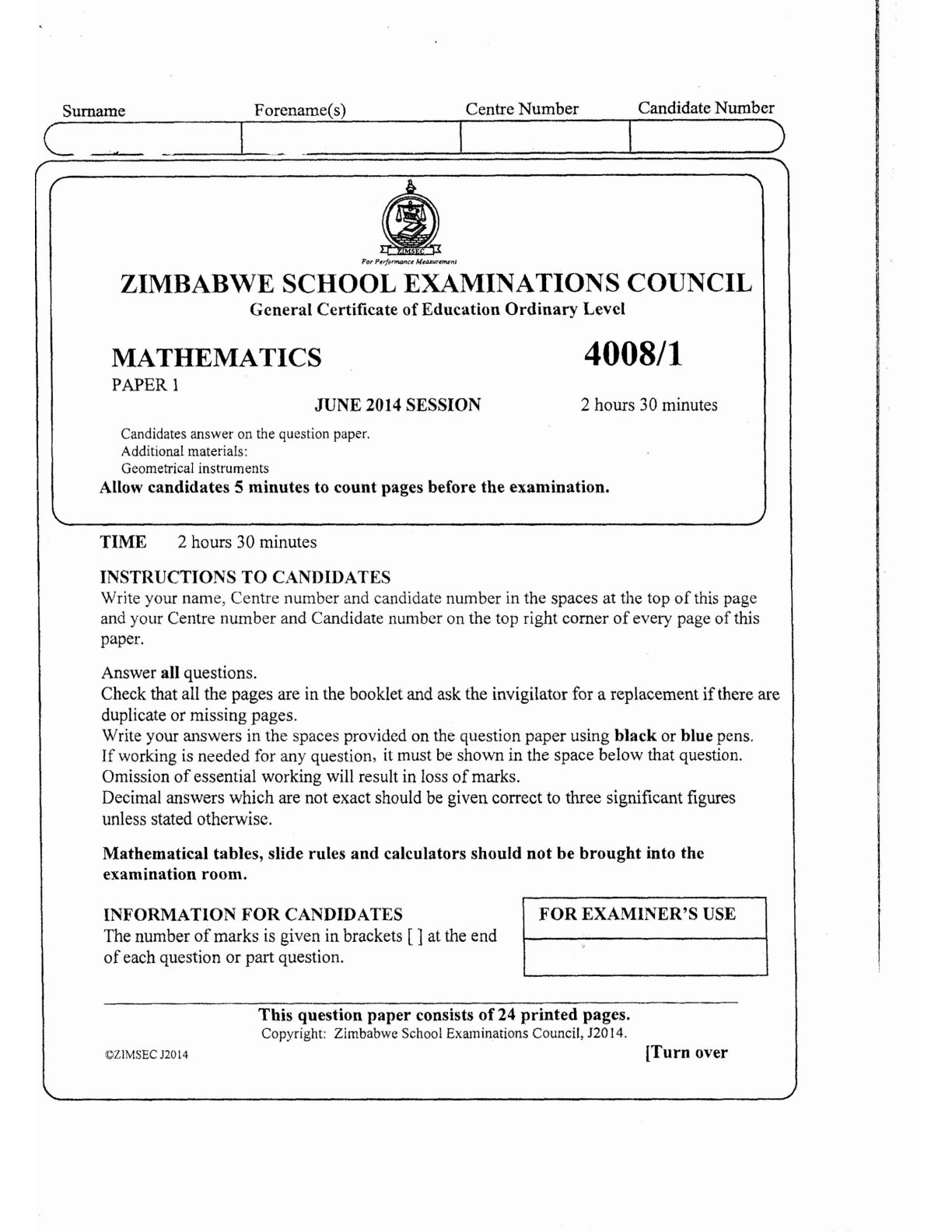 First page of ZIMSEC O-Level Mathematics Paper 1 June 2014 Question Paper