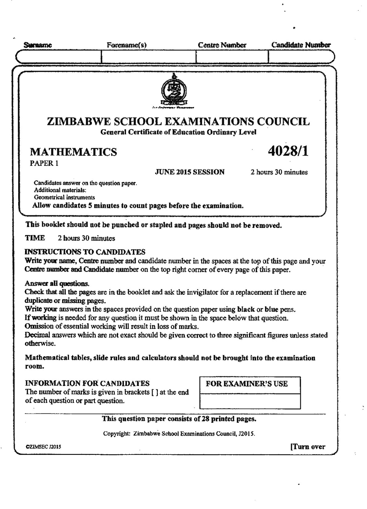 First page of ZIMSEC O-Level Mathematics Paper 1 June 2015 Question Paper