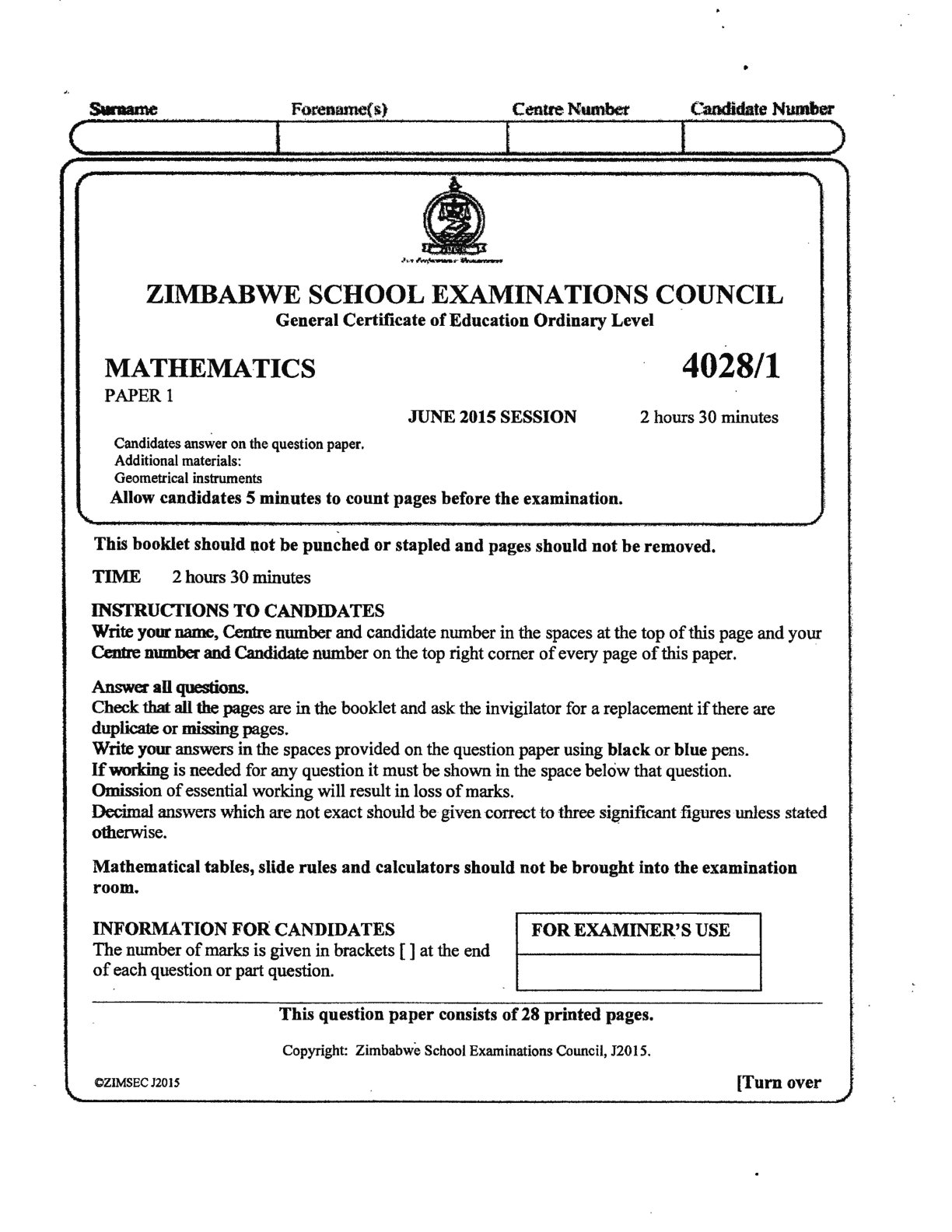 First page of ZIMSEC O-Level Mathematics Paper 1 June 2015 Question Paper