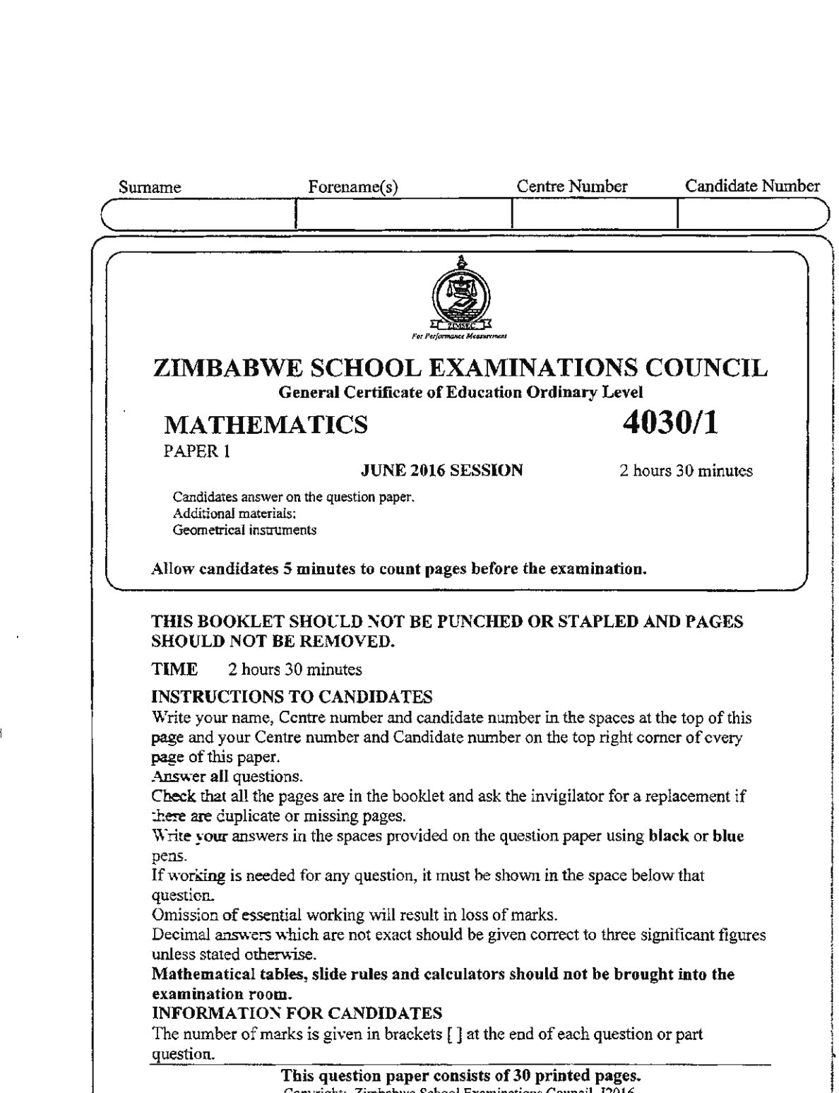 First page of ZIMSEC O-Level Mathematics Paper 1 June 2016 Question Paper