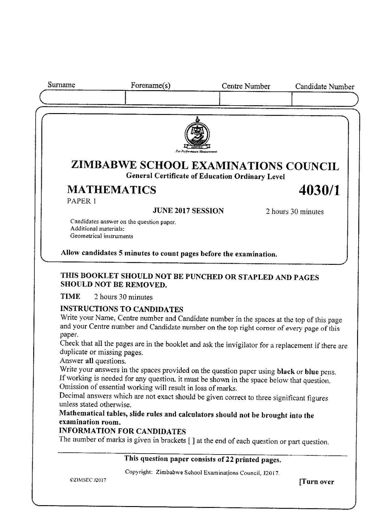 First page of ZIMSEC O-Level Mathematics Paper 1 June 2017 Question Paper