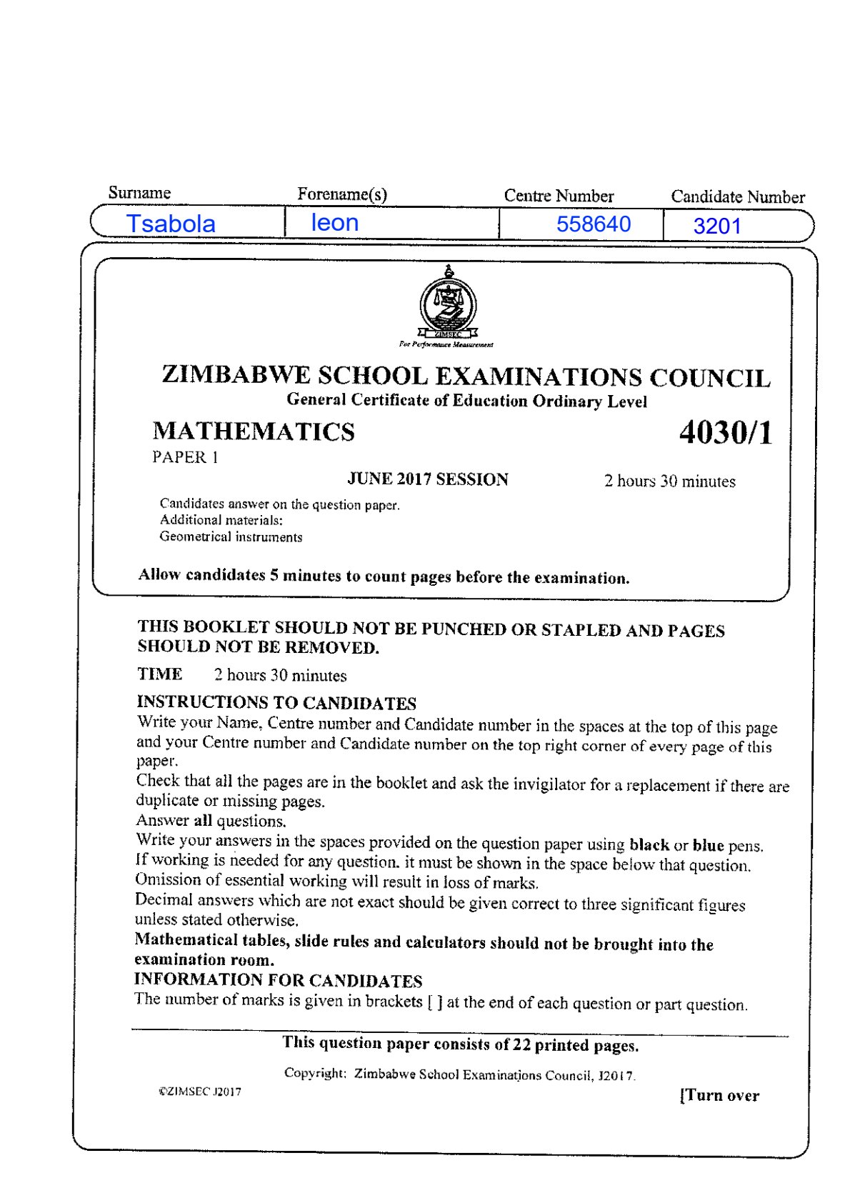 First page of ZIMSEC O-Level Mathematics Paper 1 June 2017 Question Paper