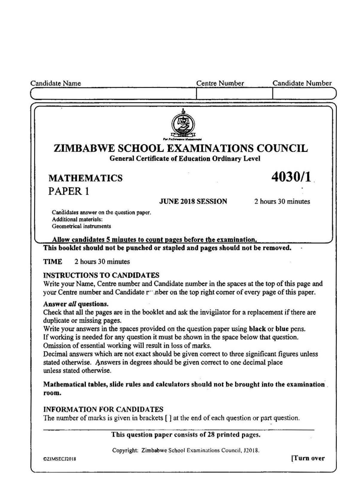 First page of ZIMSEC O-Level Mathematics Paper 1 June 2018 Question Paper