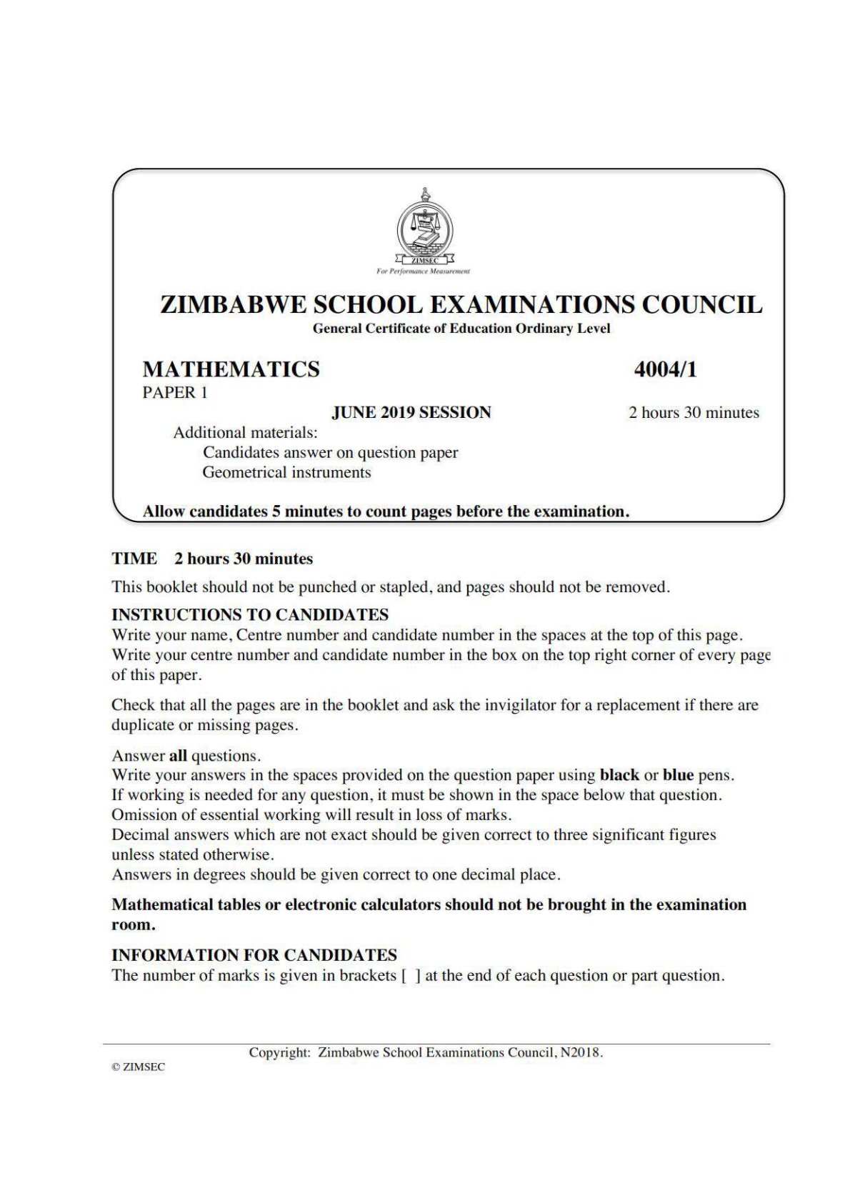 First page of ZIMSEC O-Level Mathematics Paper 1 June 2019 Question Paper