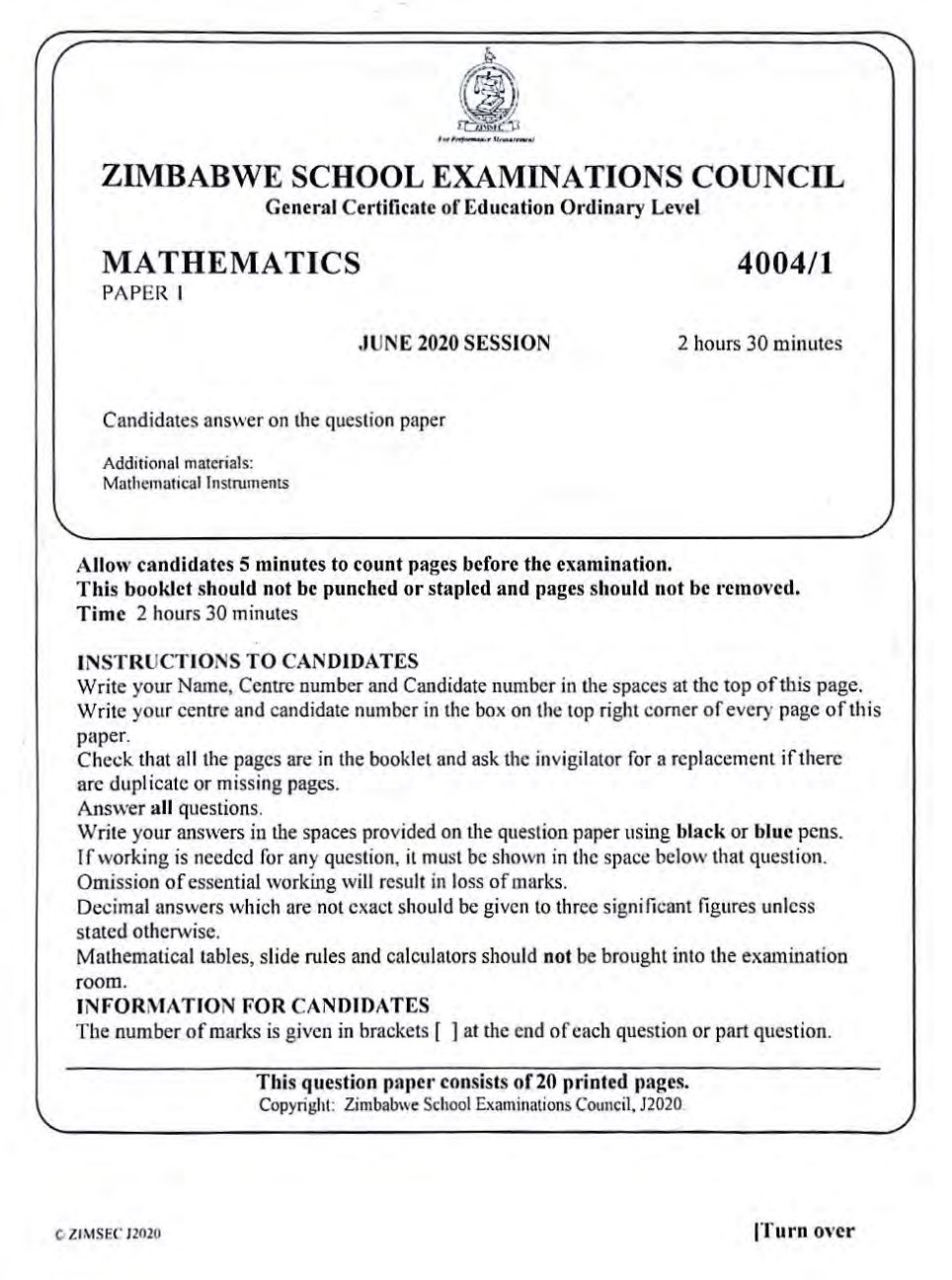 First page of ZIMSEC O-Level Mathematics Paper 1 June 2020 Question Paper