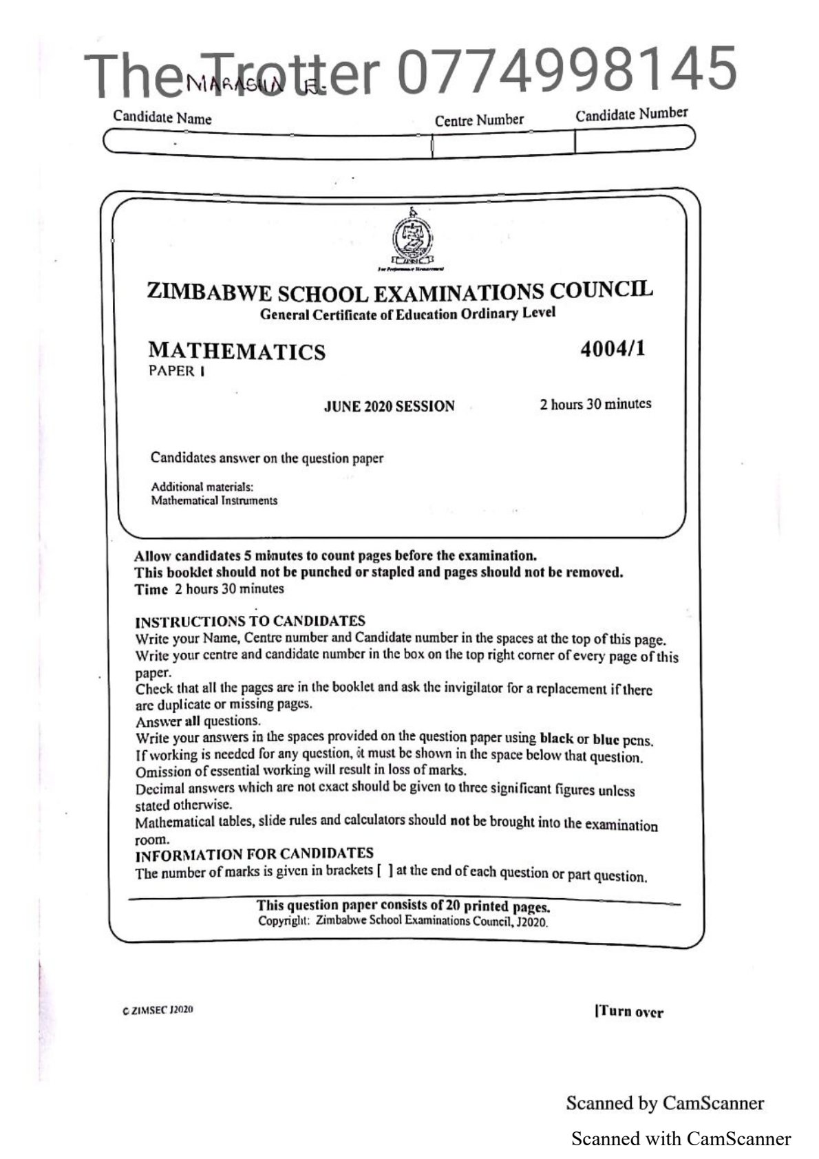 First page of ZIMSEC O-Level Mathematics Paper 1 June 2020 Question Paper