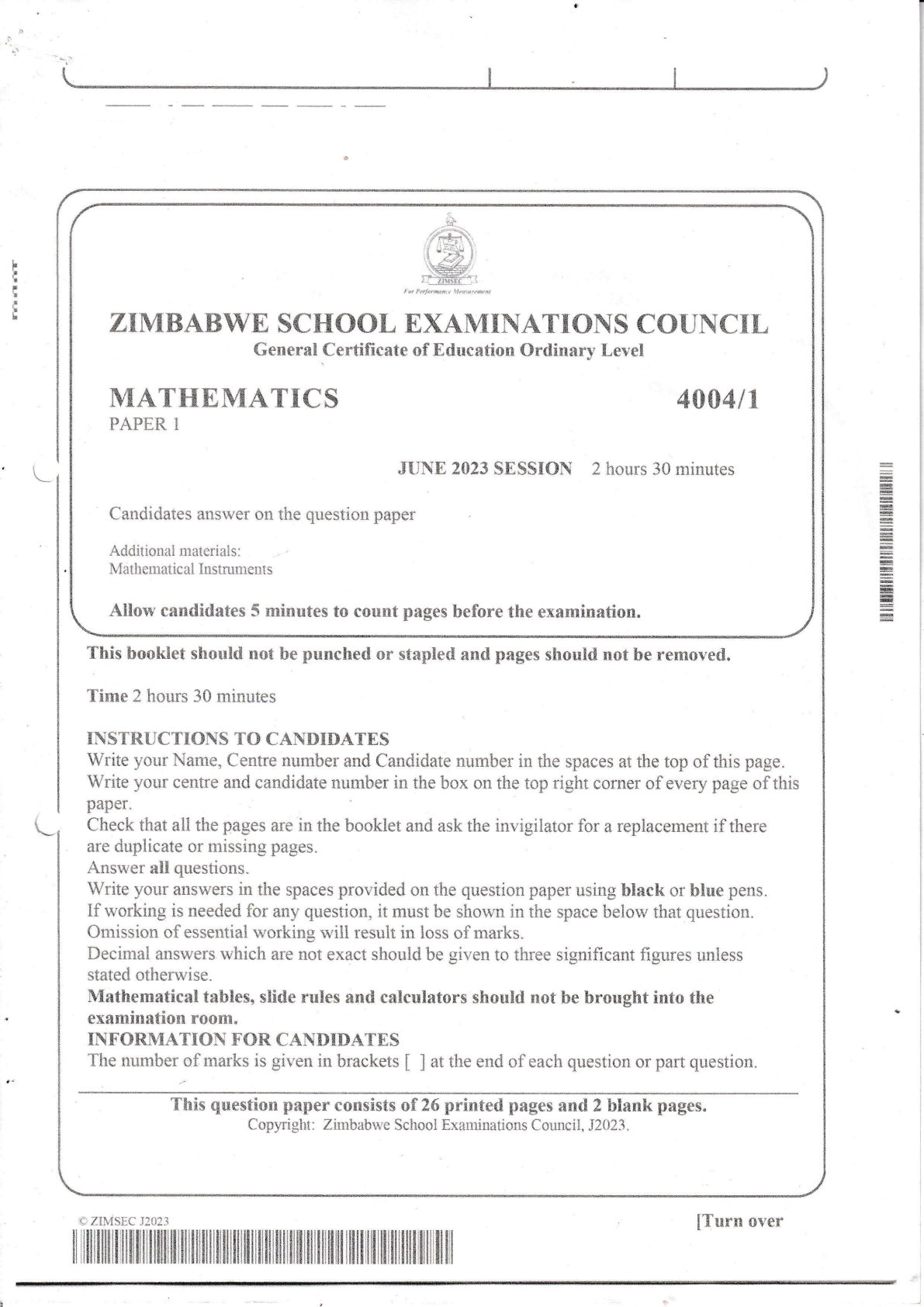 First page of ZIMSEC O-Level Mathematics Paper 1 June 2023 Question Paper