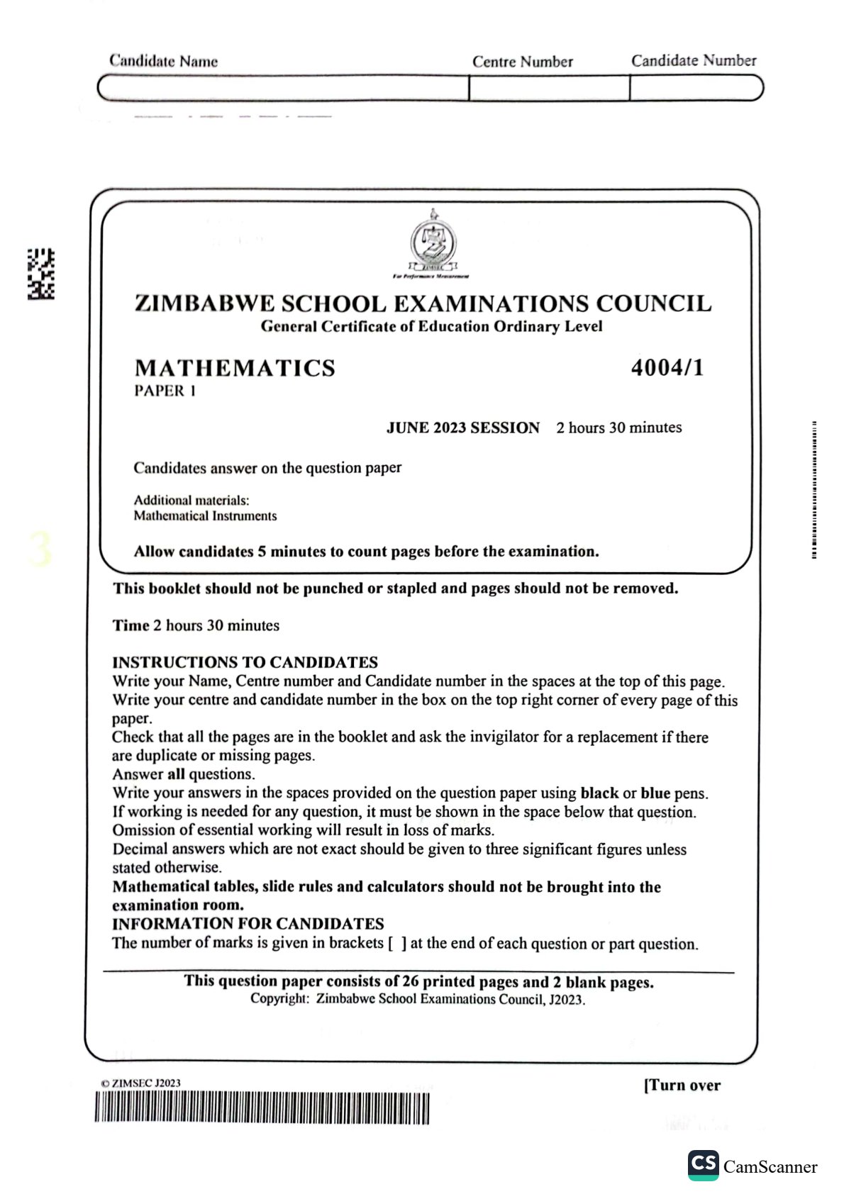 First page of ZIMSEC O-Level Mathematics Paper 1 June 2023 Question Paper