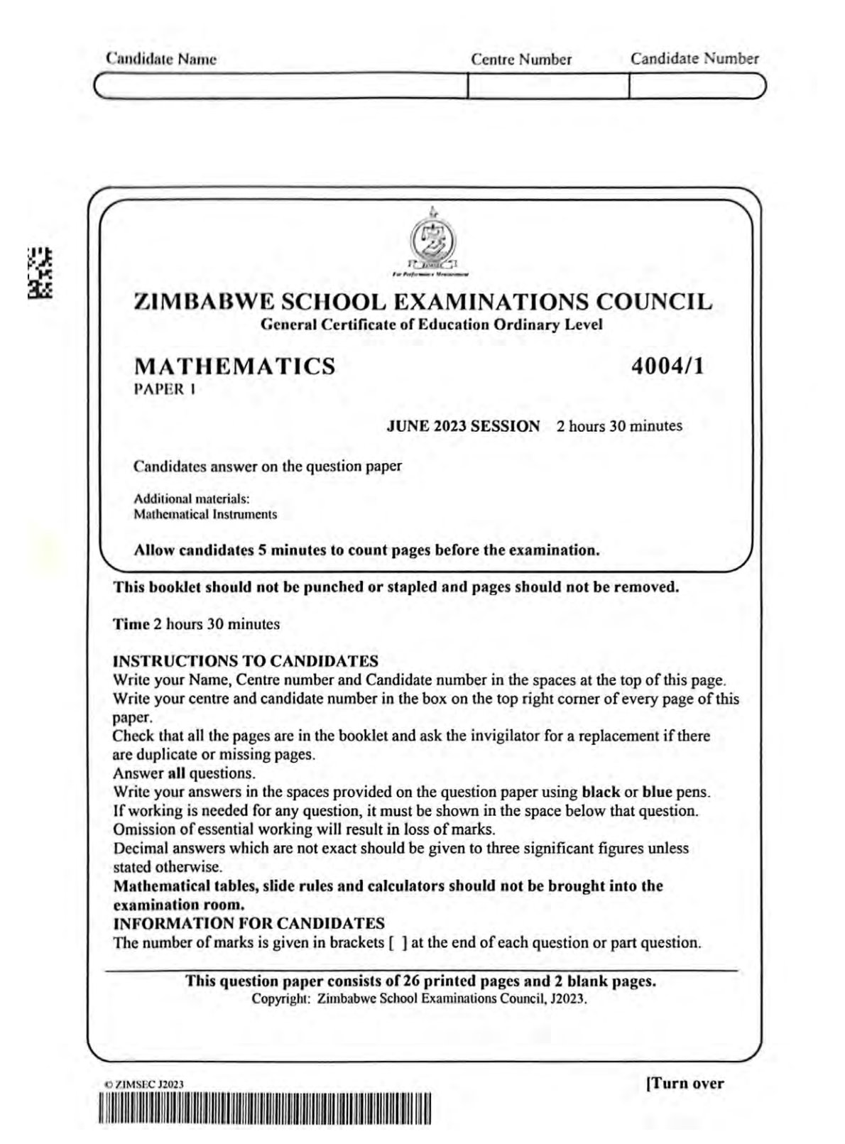 First page of ZIMSEC O-Level Mathematics Paper 1 June 2023 Question Paper