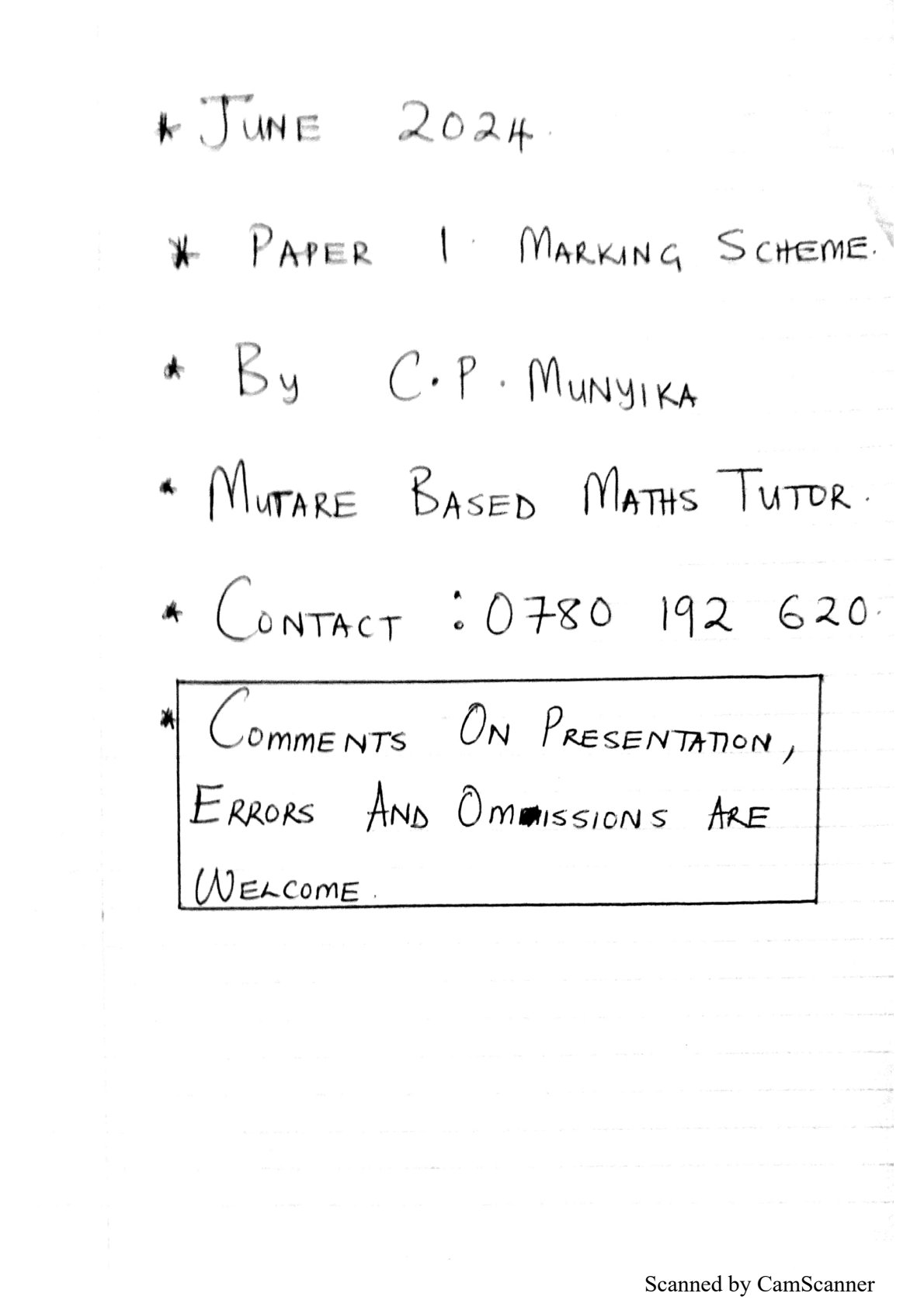 First page of ZIMSEC O-Level Mathematics Paper 1 June 2024 Marking Scheme