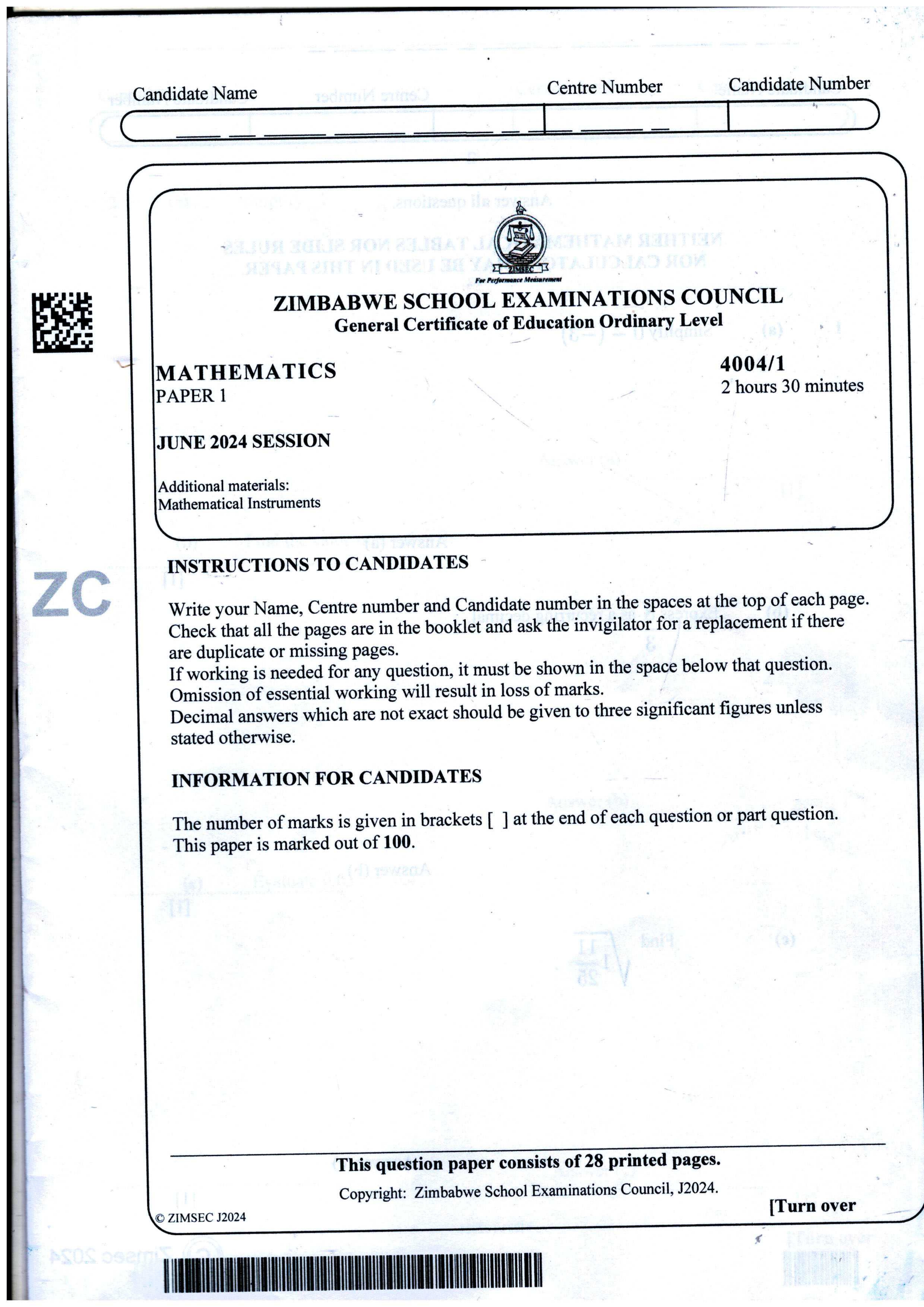 First page of ZIMSEC O-Level Mathematics Paper 1 June 2024 Question Paper
