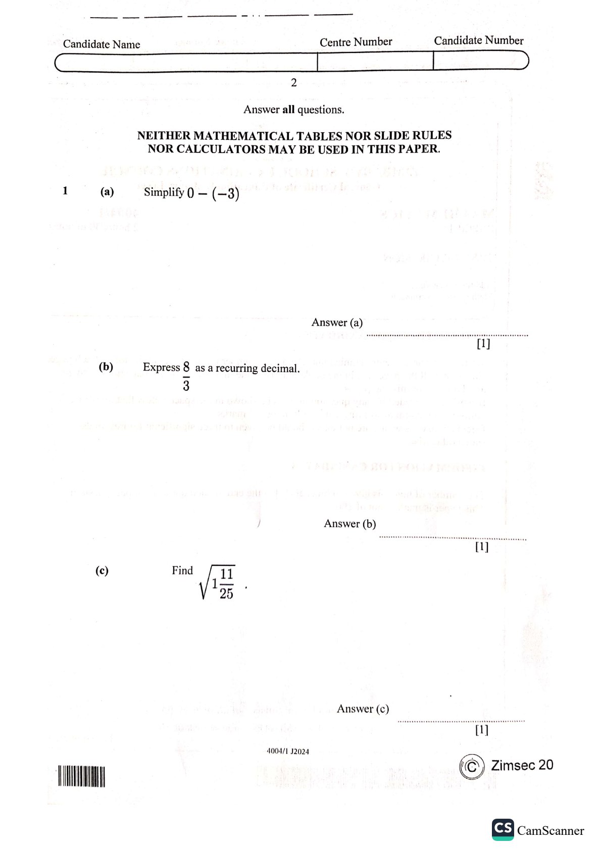 First page of ZIMSEC O-Level Mathematics Paper 1 June 2024 Question Paper