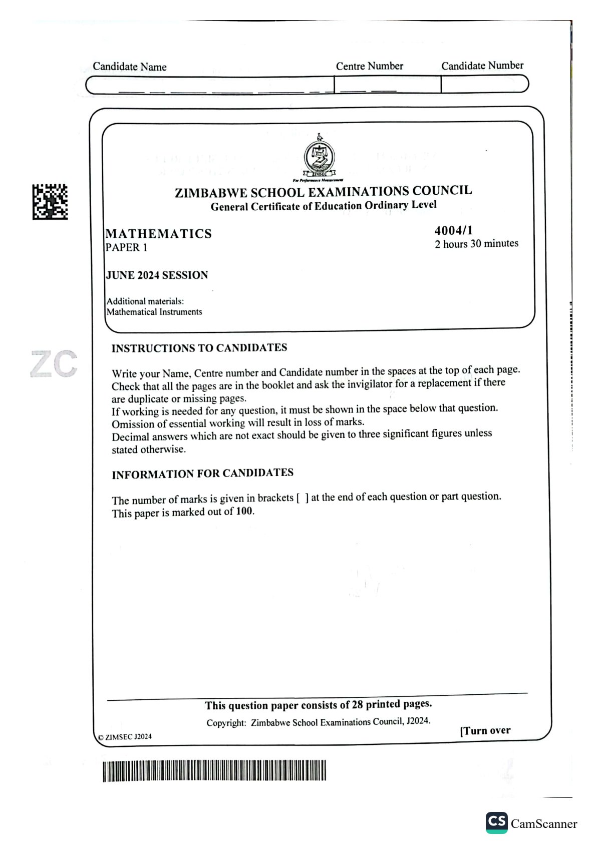 First page of ZIMSEC O-Level Mathematics Paper 1 June 2024 Question Paper