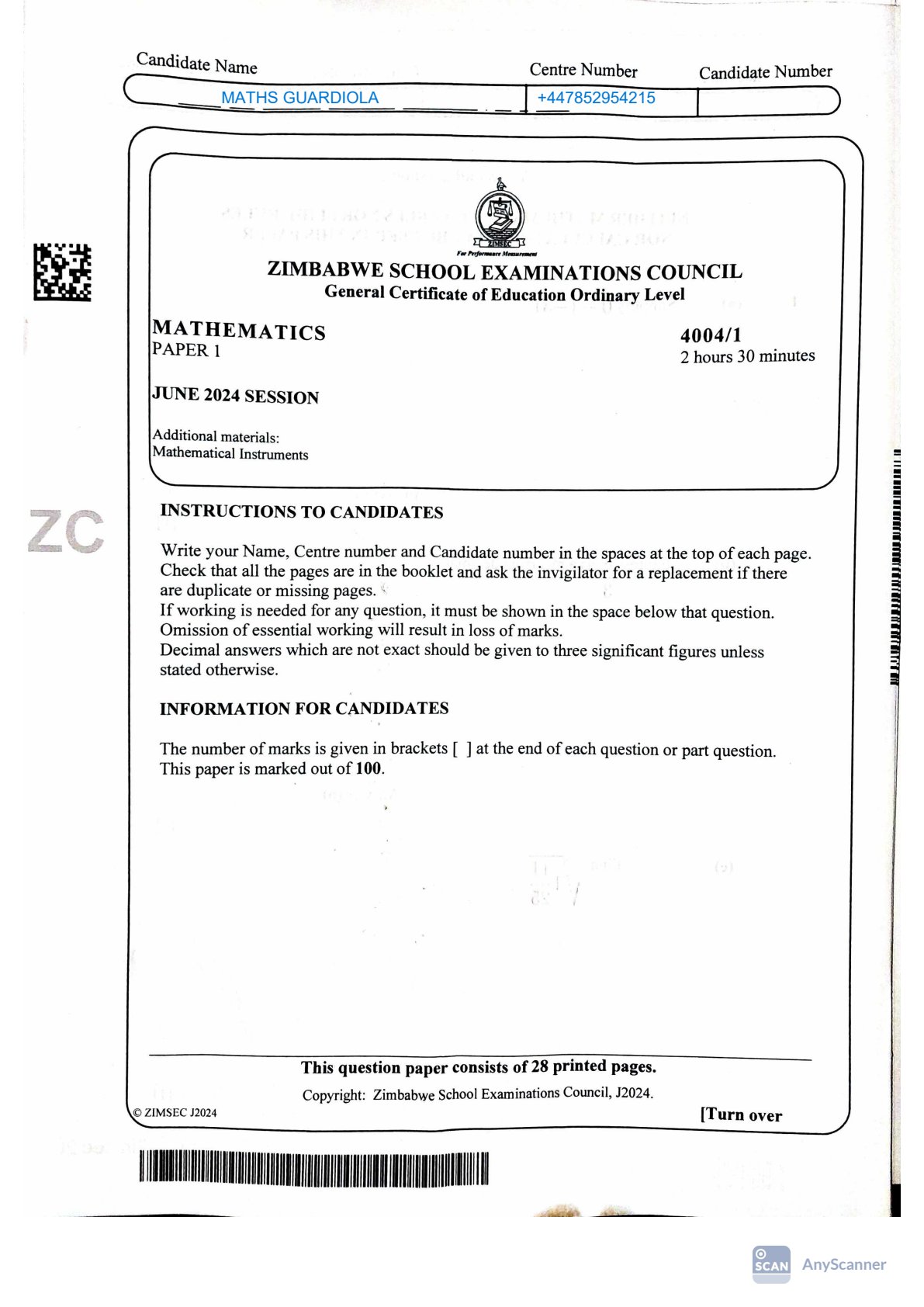 First page of ZIMSEC O-Level Mathematics Paper 1 June 2024 Question Paper