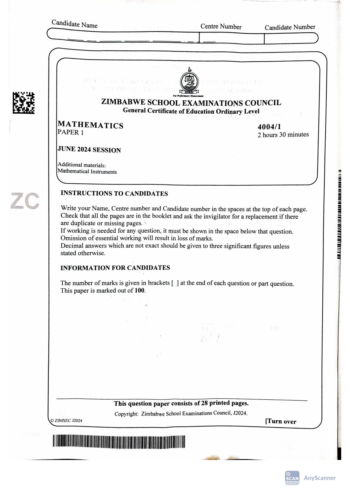 First page of ZIMSEC O-Level Mathematics Paper 1 June 2024 Question Paper