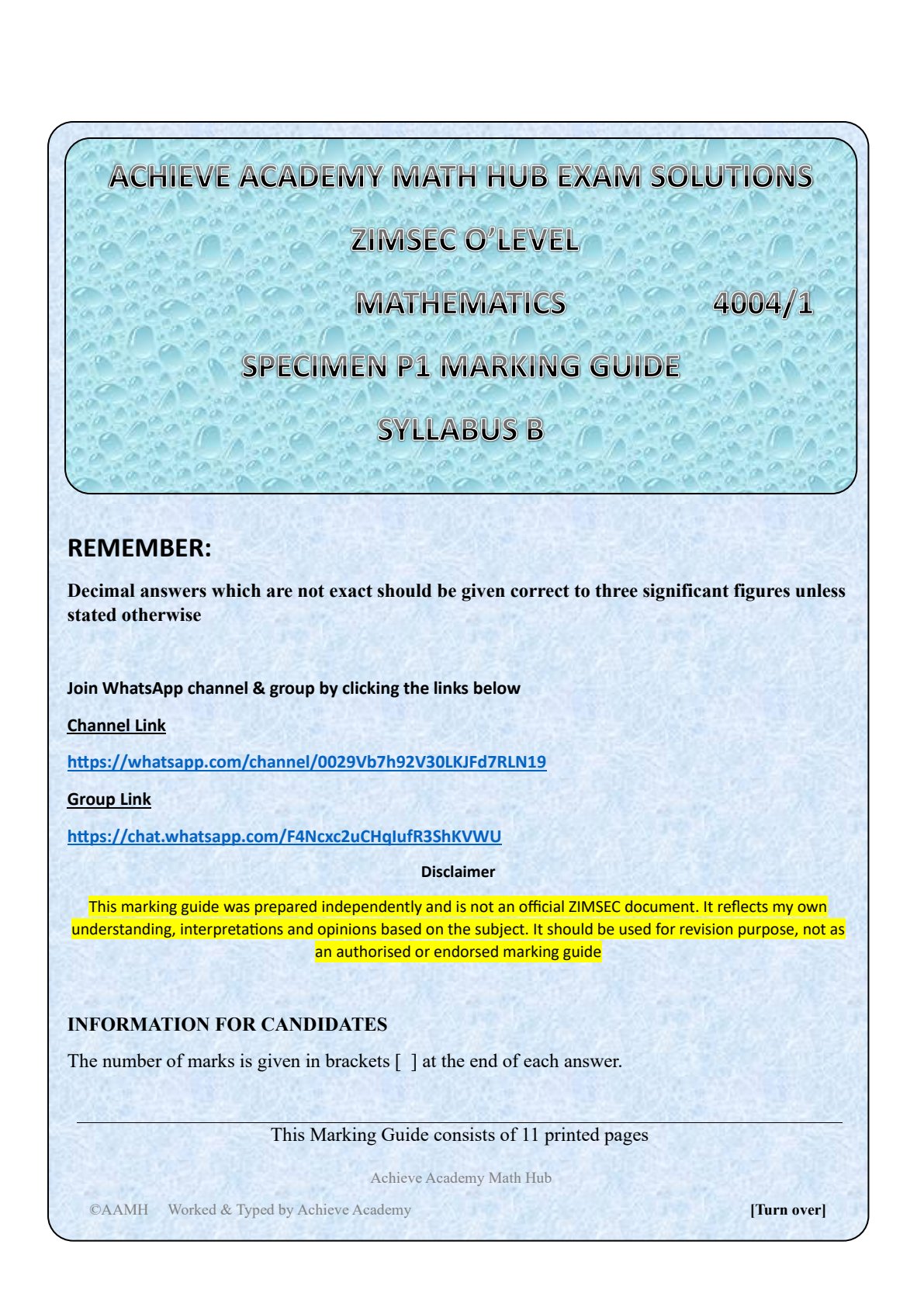 First page of ZIMSEC O-Level Mathematics Paper 1 Marking Scheme
