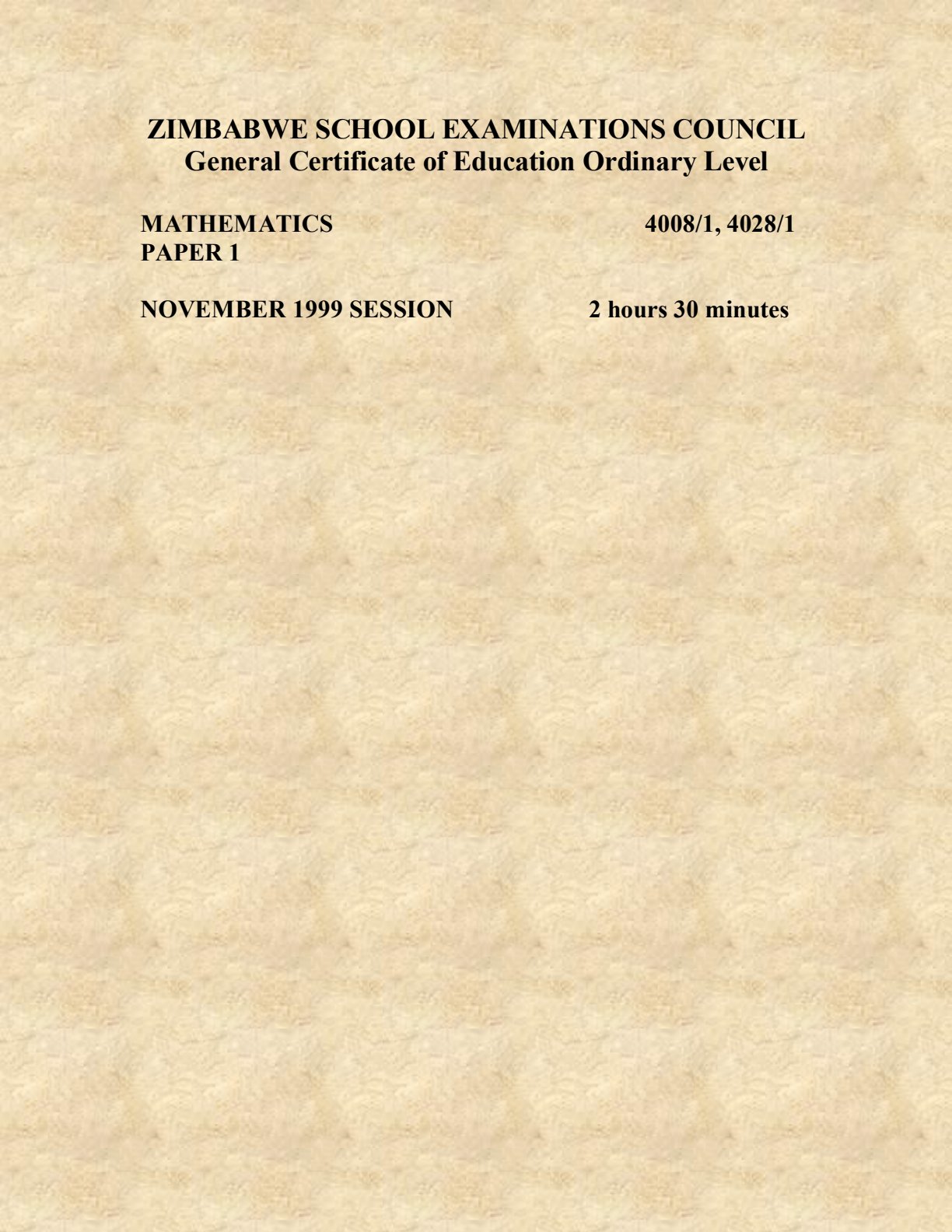 First page of ZIMSEC O-Level Mathematics Paper 1 November 1999 Question Paper
