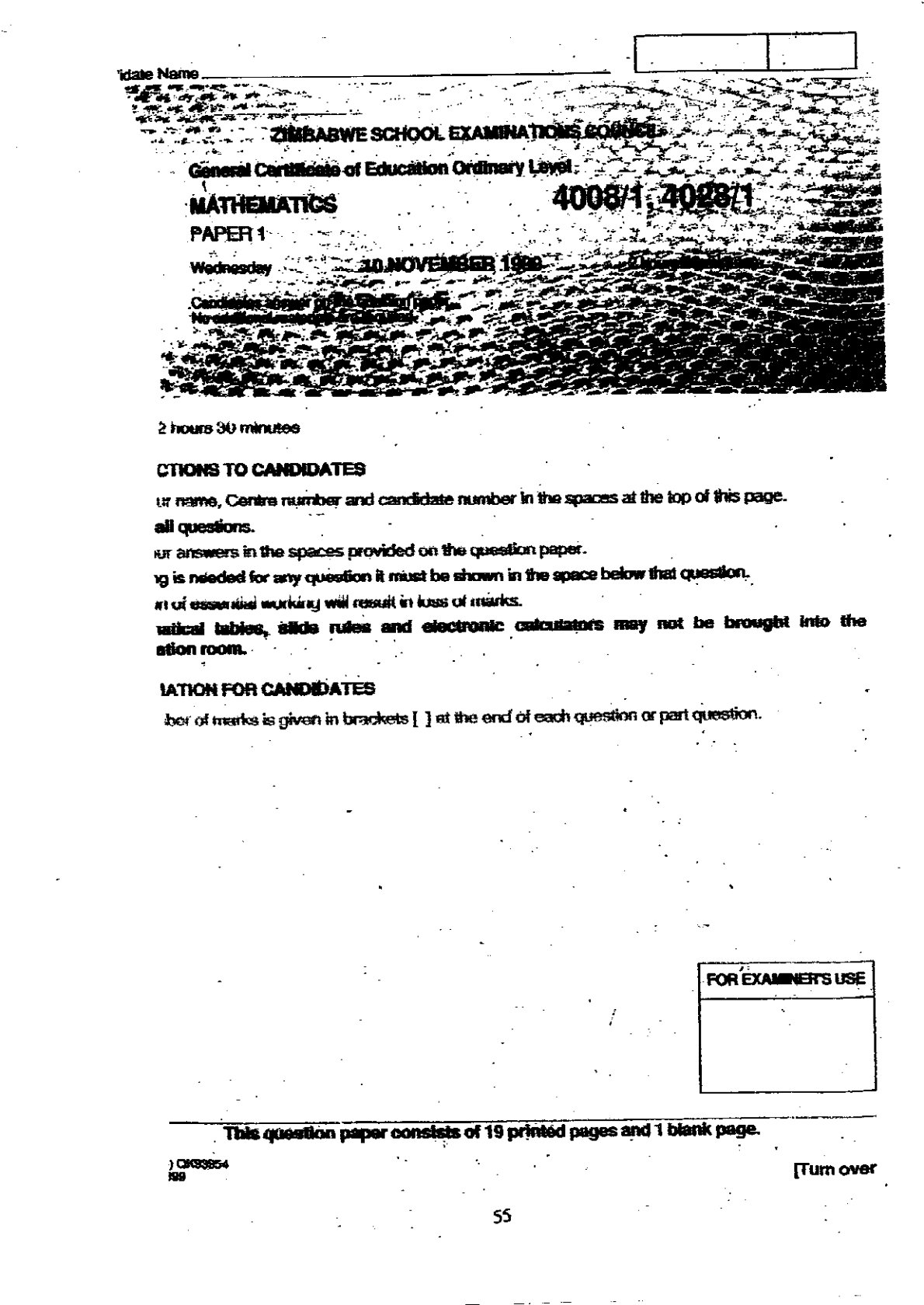 First page of ZIMSEC O-Level Mathematics Paper 1 November 1999 Question Paper