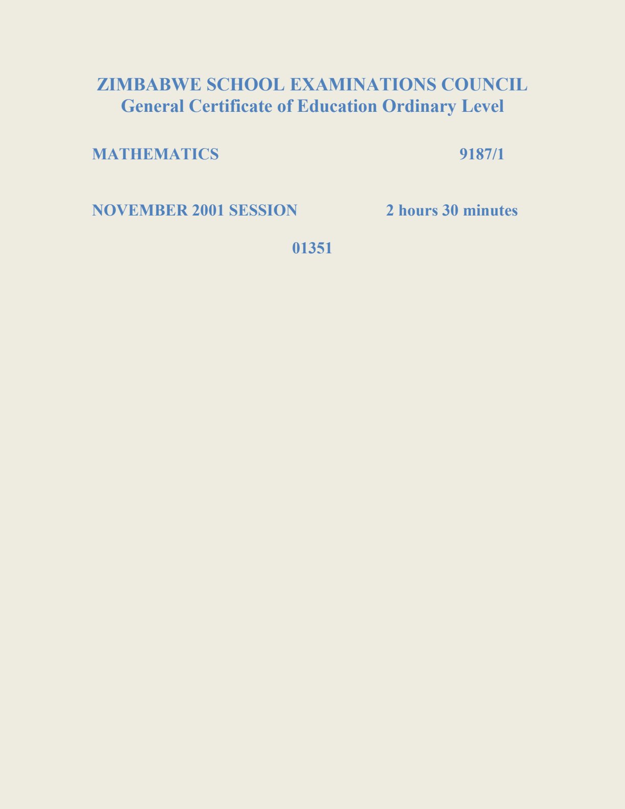 First page of ZIMSEC O-Level Mathematics Paper 1 November 2001 Question Paper