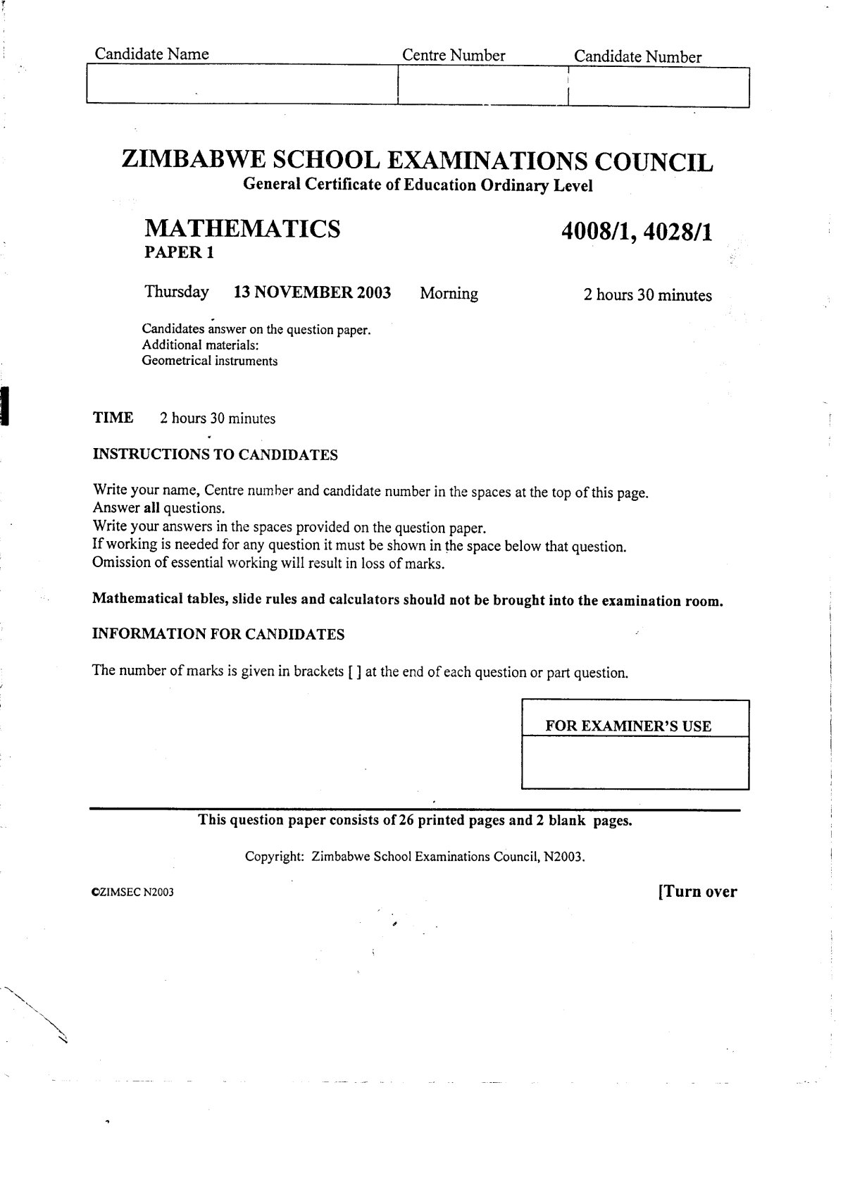 First page of ZIMSEC O-Level Mathematics Paper 1 November 2003 Question Paper