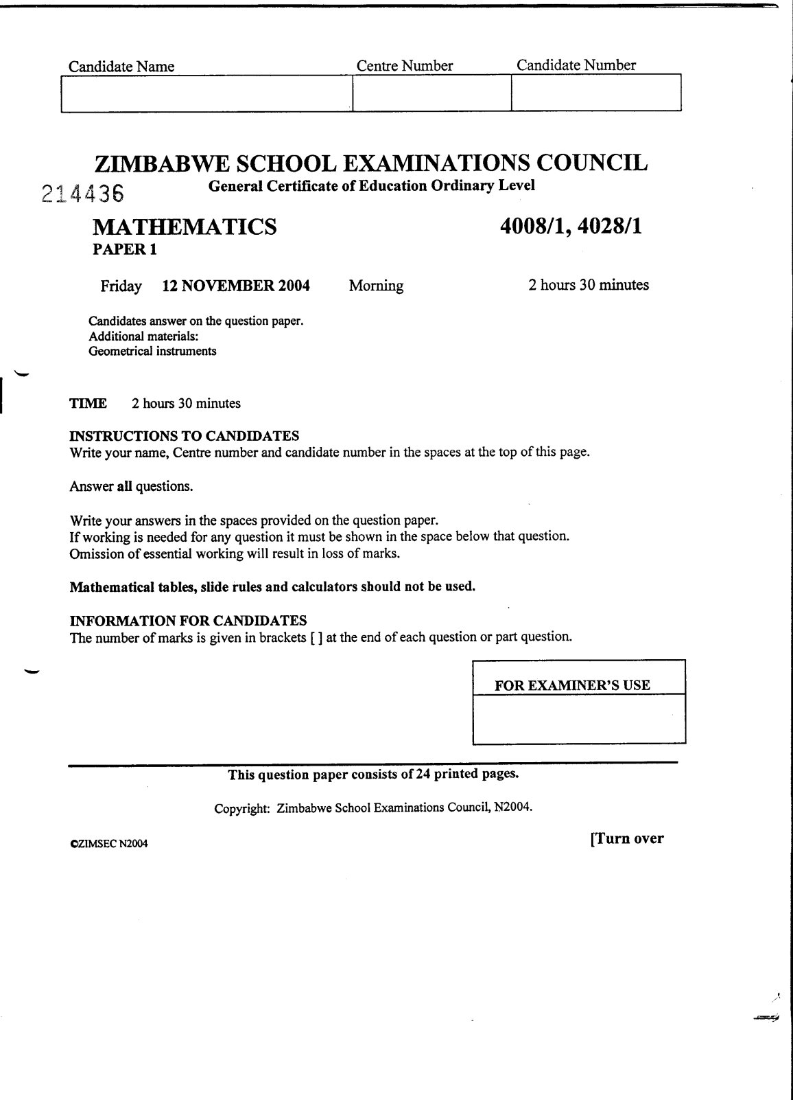 First page of ZIMSEC O-Level Mathematics Paper 1 November 2004 Question Paper