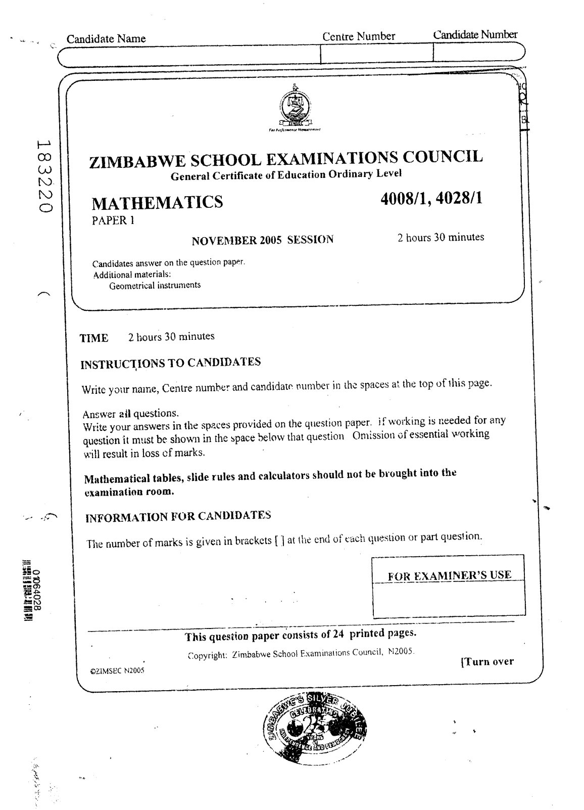 First page of ZIMSEC O-Level Mathematics Paper 1 November 2005 Question Paper