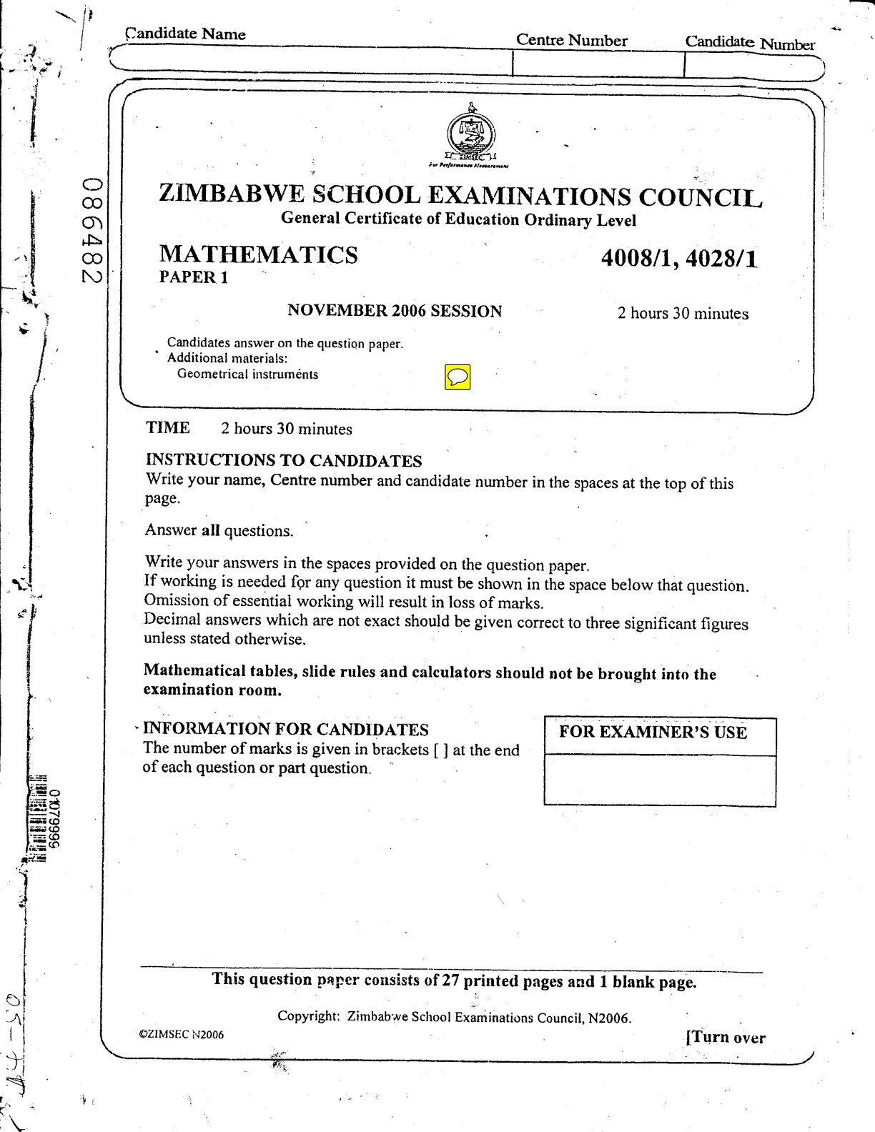 First page of ZIMSEC O-Level Mathematics Paper 1 November 2006 Question Paper