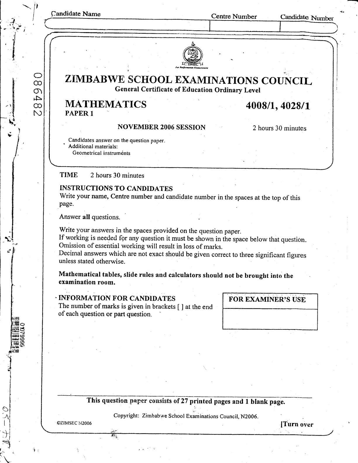 First page of ZIMSEC O-Level Mathematics Paper 1 November 2006 Question Paper