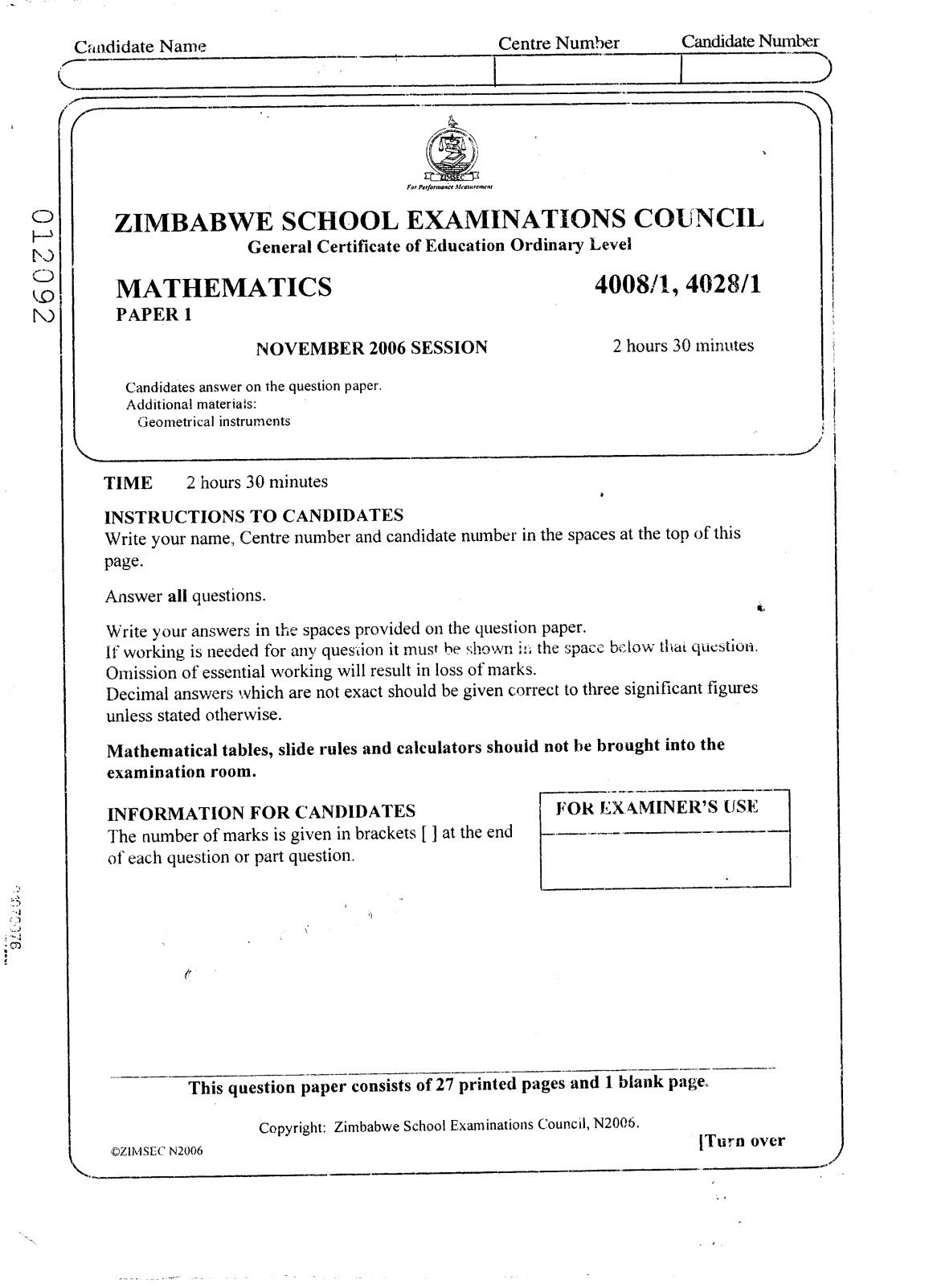 First page of ZIMSEC O-Level Mathematics Paper 1 November 2006 Question Paper
