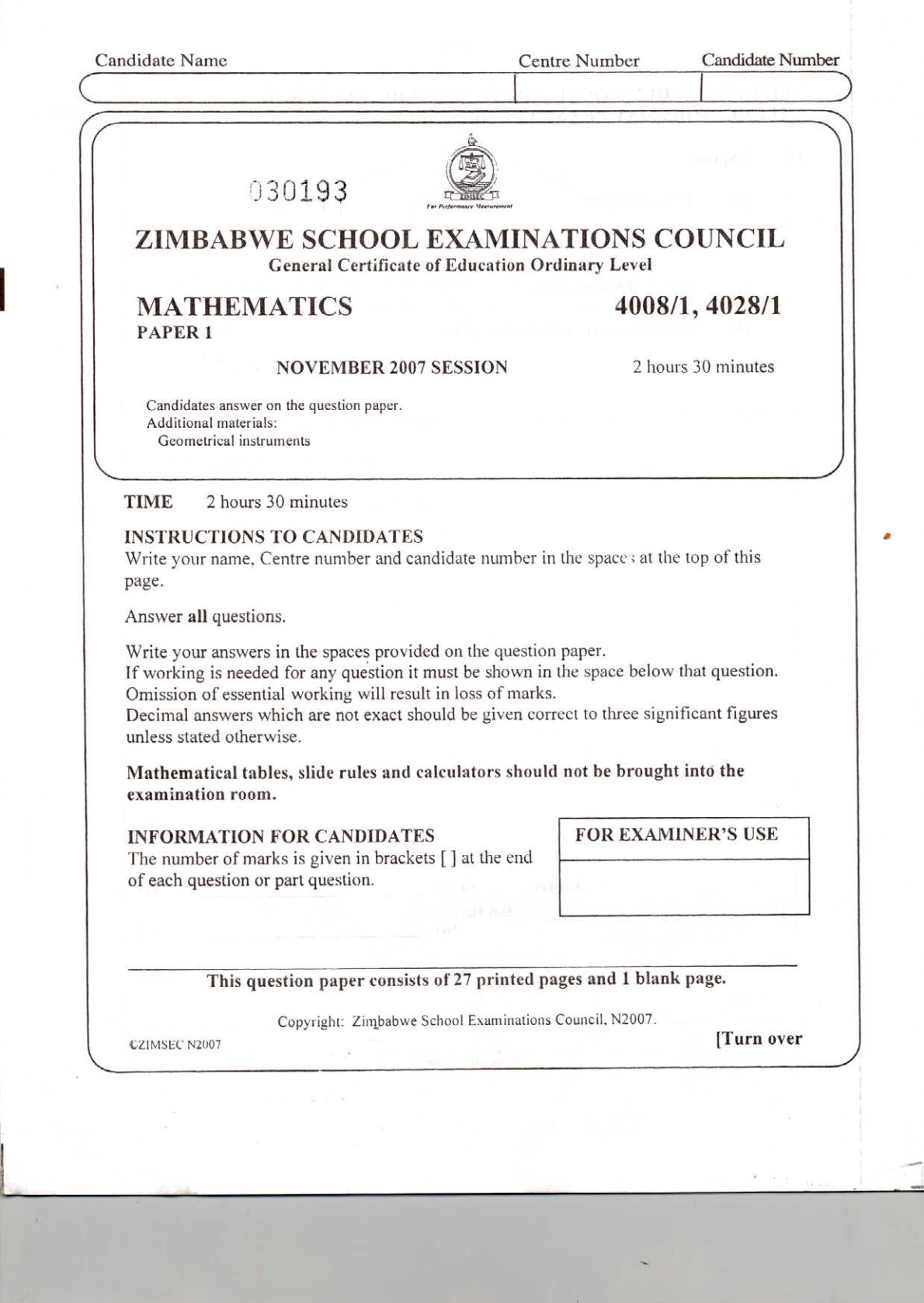 First page of ZIMSEC O-Level Mathematics Paper 1 November 2007 Question Paper