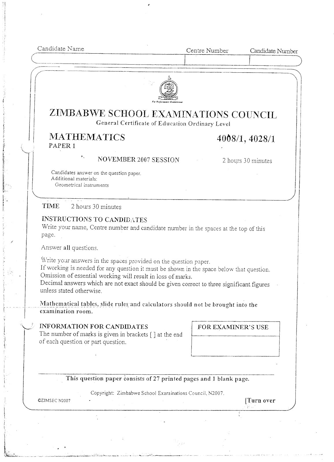 First page of ZIMSEC O-Level Mathematics Paper 1 November 2007 Question Paper