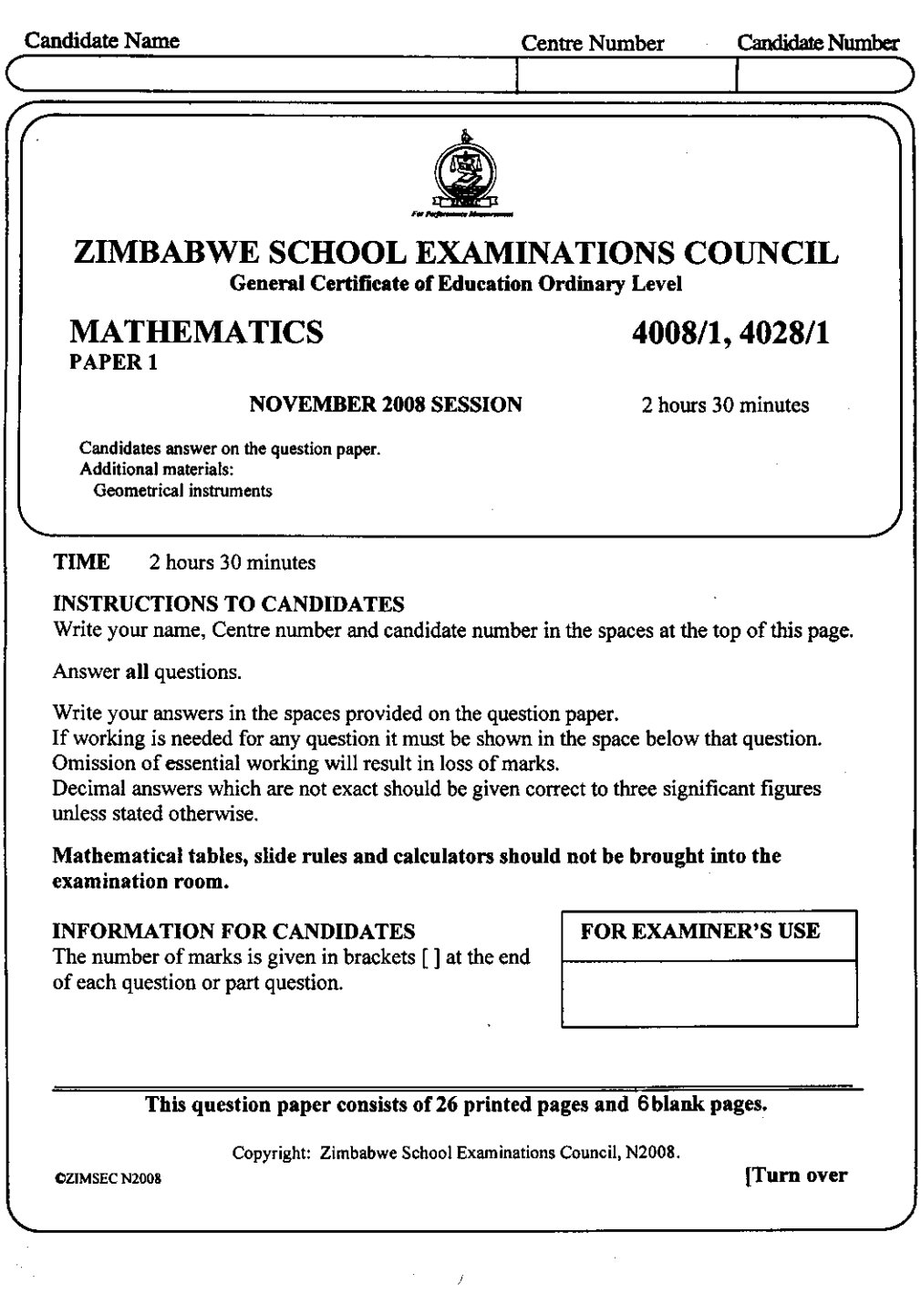 First page of ZIMSEC O-Level Mathematics Paper 1 November 2008 Question Paper
