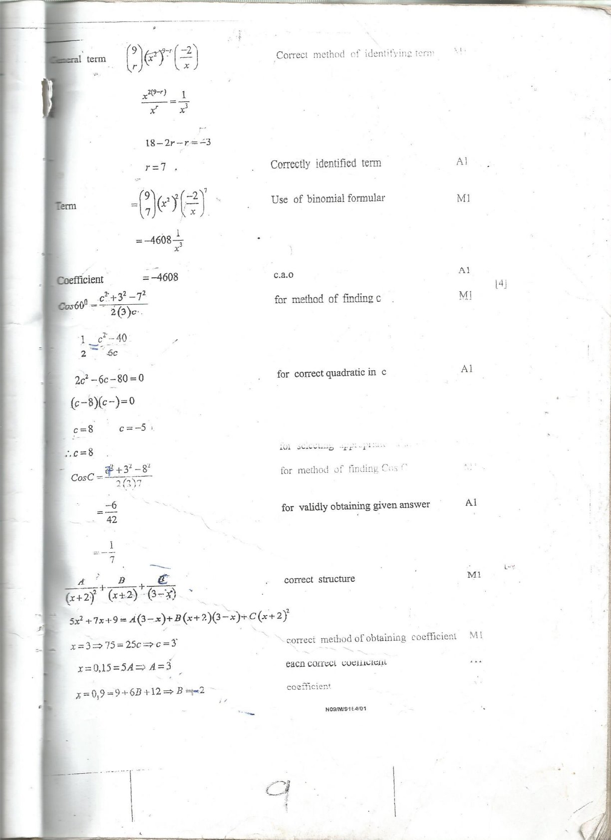 First page of ZIMSEC O-Level Mathematics Paper 1 November 2009 Marking Scheme